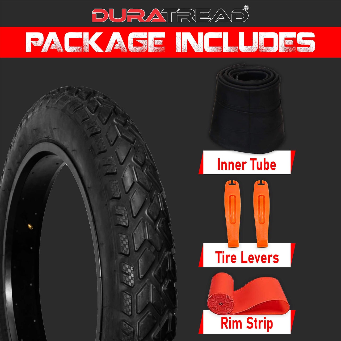 DURATREAD 20x3 tire,inner tubes, levers and rim strip for easy e-bike tire installation and rim protection, durable and reusable tools.
