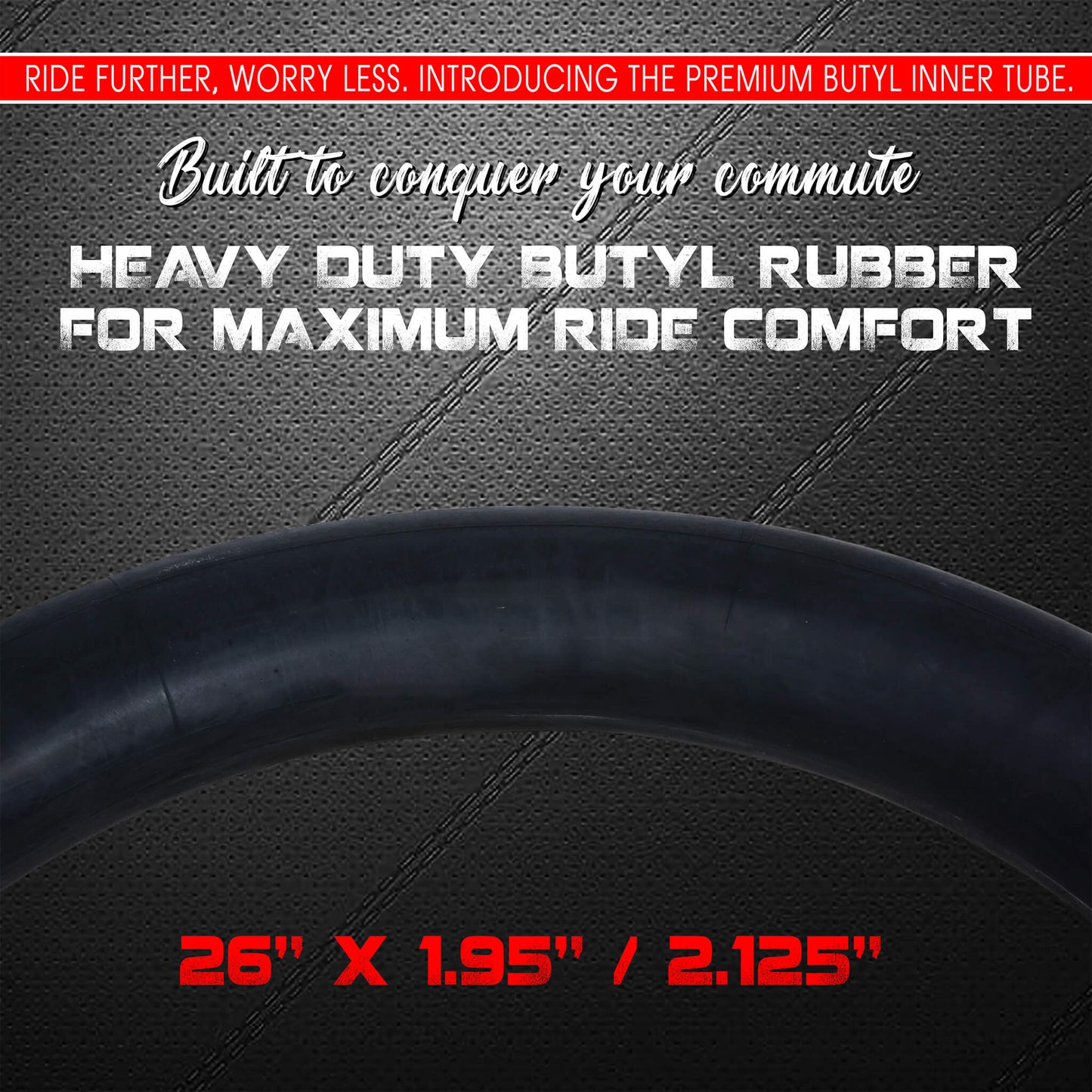 DURATREAD 26x1.95/2.125 bicycle inner tube, thick butyl rubber construction and Schrader valve for smooth, comfortable rides