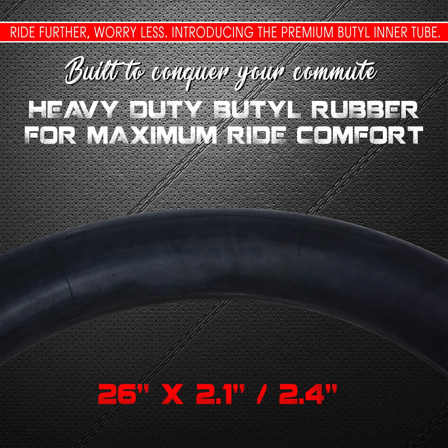 DURATREAD 26x2.1/2.4 bicycle inner tube, thick butyl rubber construction and Schrader valve for smooth, comfortable rides