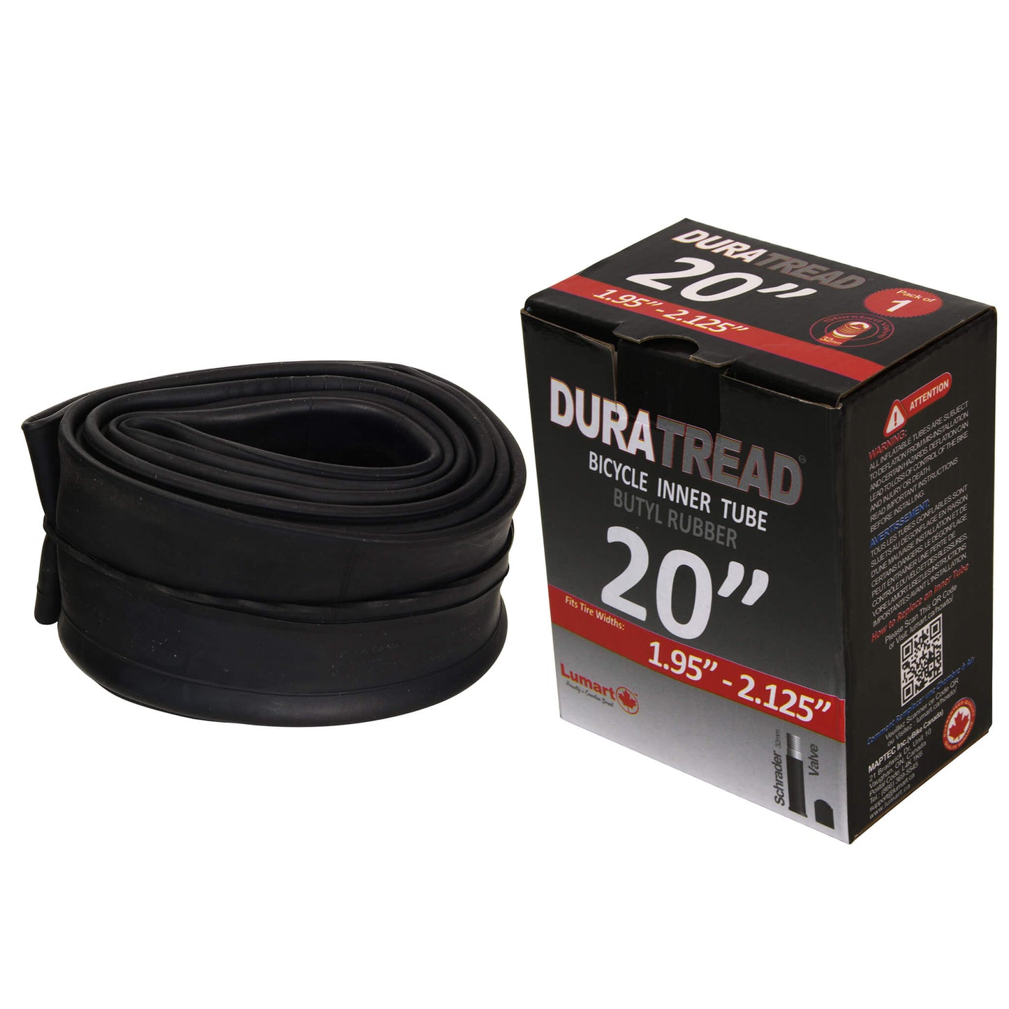 Reliable DURATREAD 20x1.95/2.125 replacement inner tube, strong butyl rubber and Schrader valve for everyday bike and e-bike use