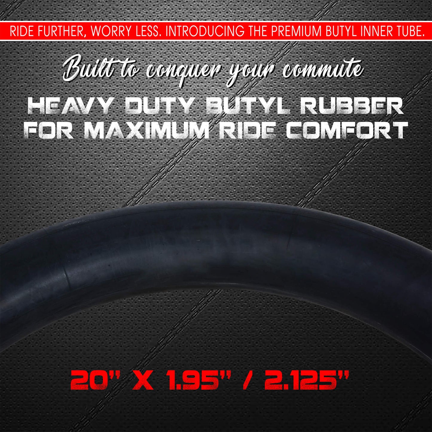 DURATREAD 20x1.95/2.125 bicycle inner tube, thick butyl rubber construction and Schrader valve for smooth, comfortable rides