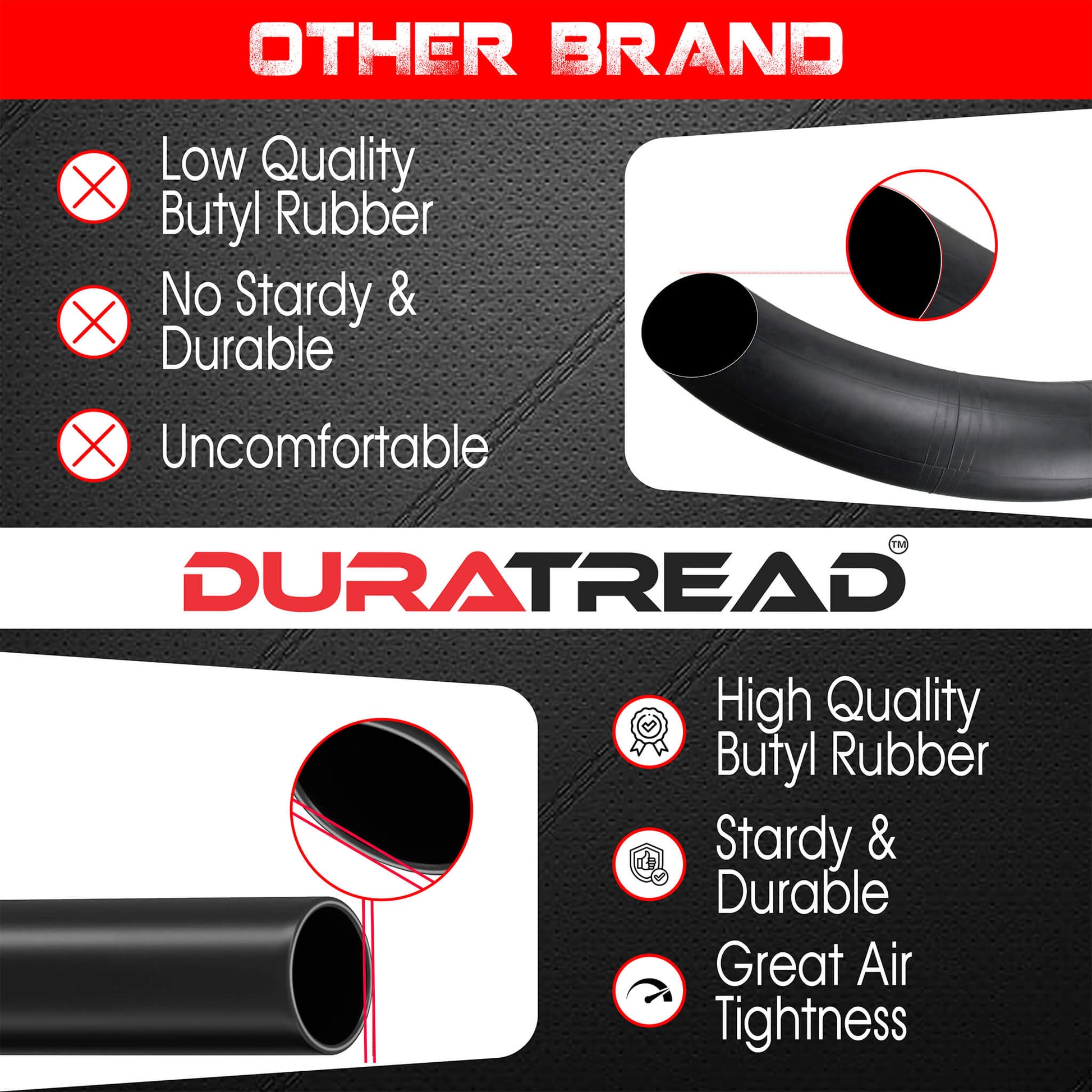 Durable DURATREAD 20x1.95/2.125  thick butyl rubber construction compared to other brands with Schrader valve, ideal for bikes and electric bicycles