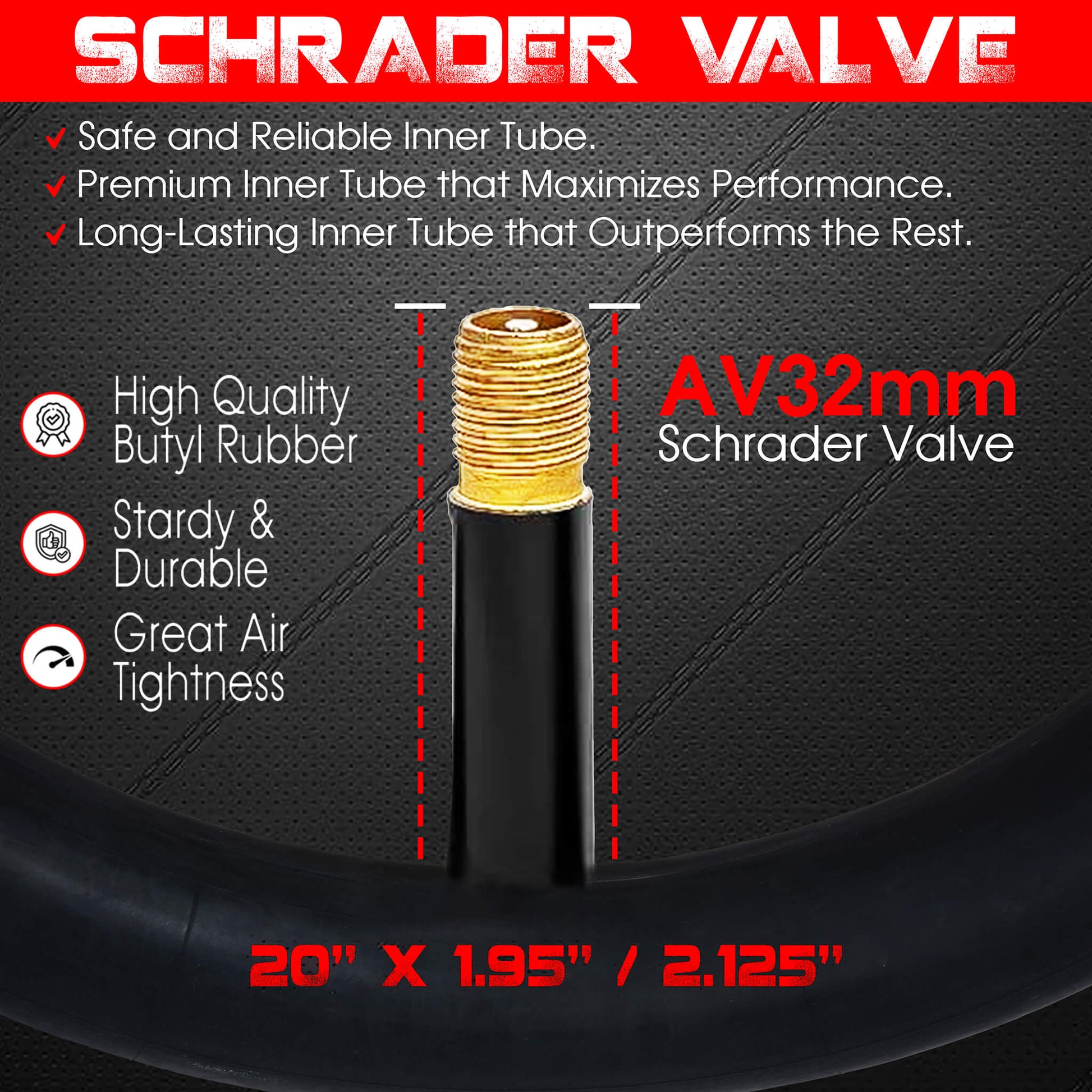 20x1.95/2.125 DURATREAD premium inner tube, high air tightness and rugged butyl rubber for long-lasting performance