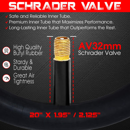 20x1.95/2.125 DURATREAD premium inner tube, high air tightness and rugged butyl rubber for long-lasting performance