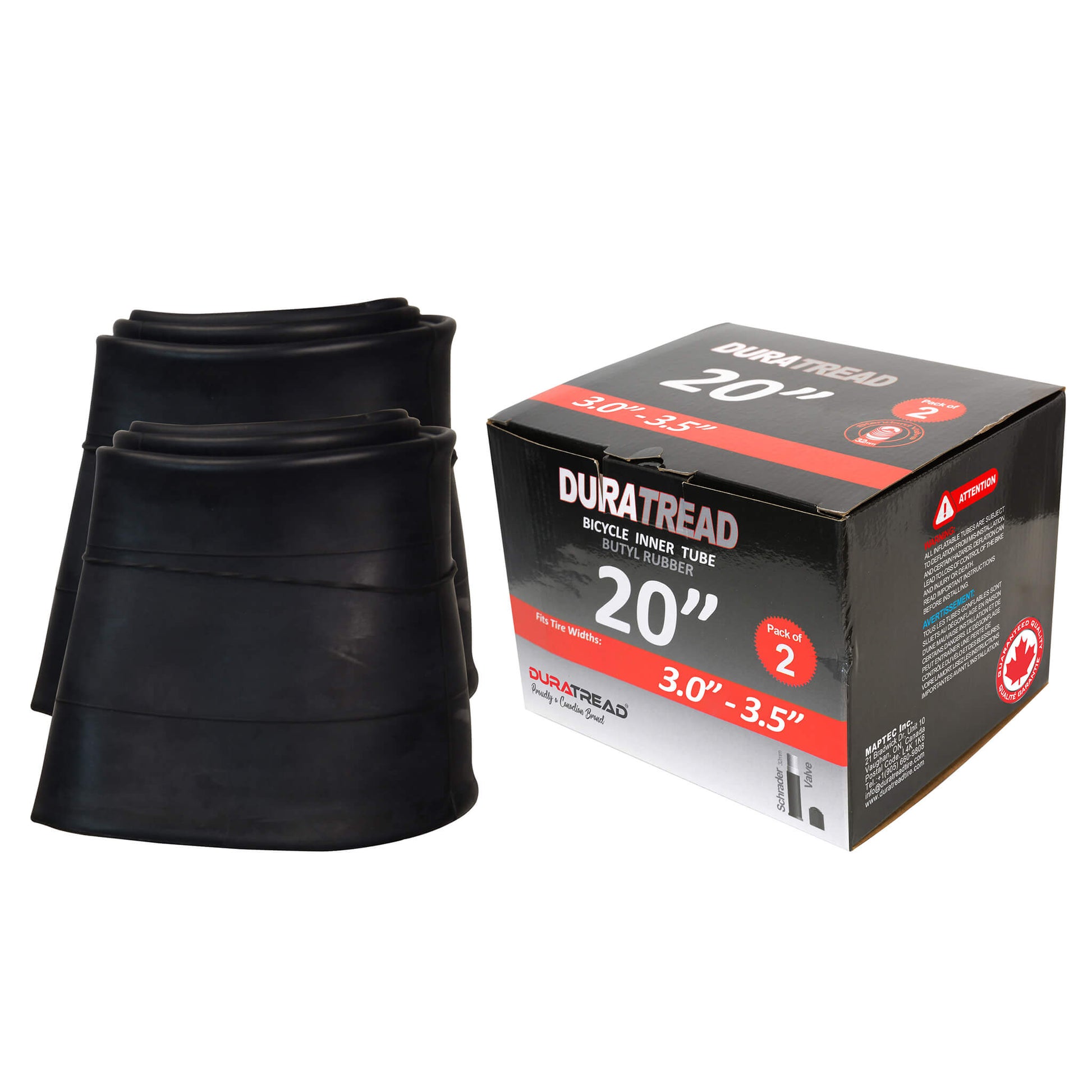 DURATREAD 20x3/3.5 heavy-duty butyl rubber inner tube with Schrader valve, durable replacement tube for bikes and e-bikes, Pack 2