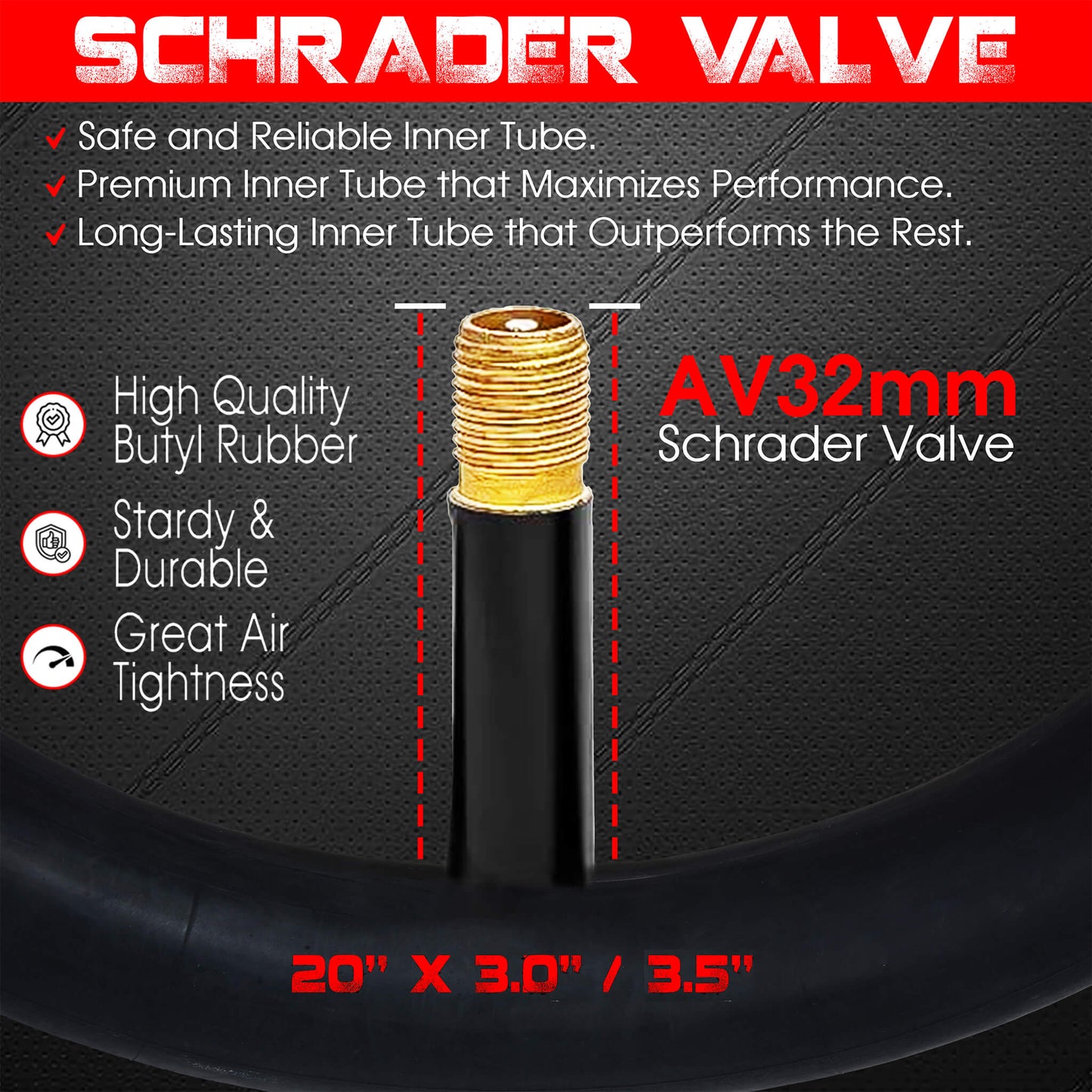 20x3/3.5 DURATREAD premium inner tube, high air tightness and rugged butyl rubber for long-lasting performance