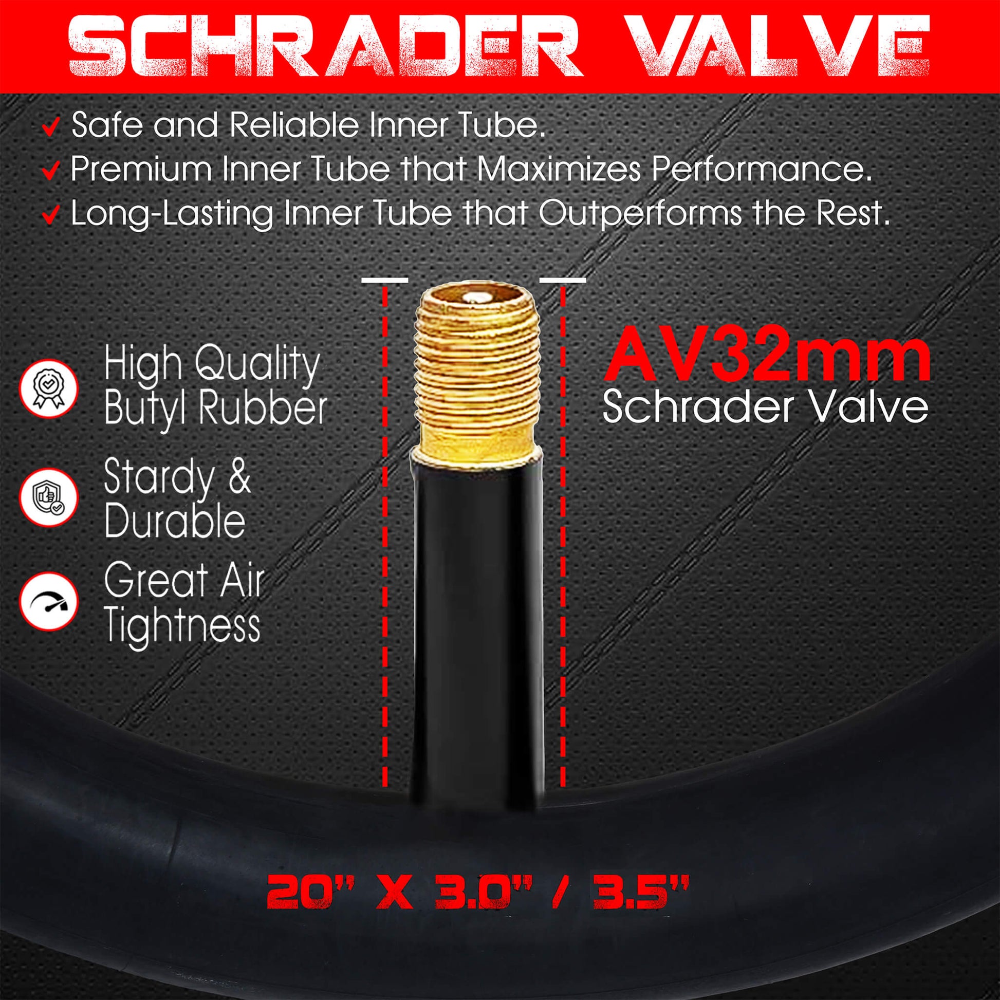 20x3/3.5 DURATREAD premium inner tube, high air tightness and rugged butyl rubber for long-lasting performance