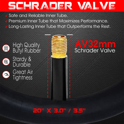 20x3/3.5 DURATREAD premium inner tube, high air tightness and rugged butyl rubber for long-lasting performance