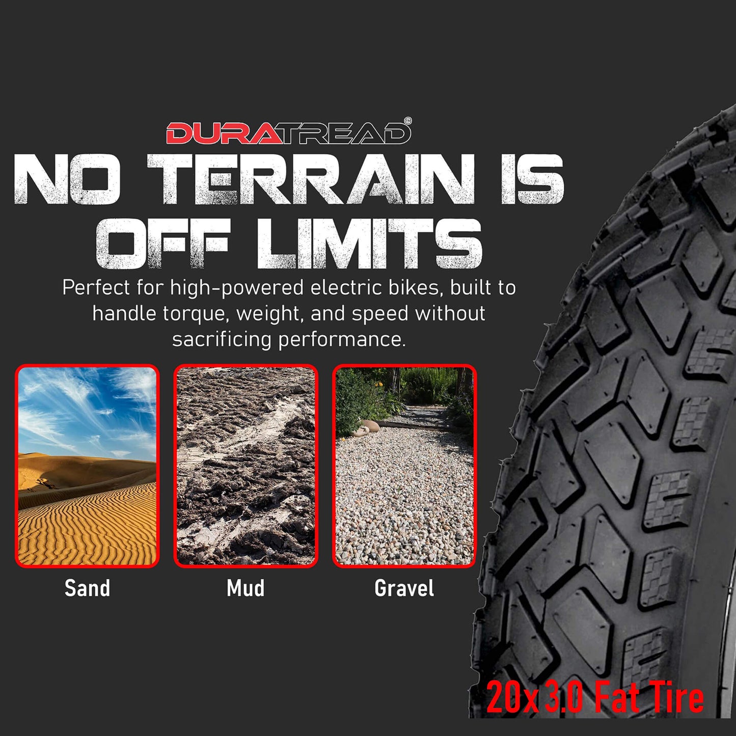 DURATREAD 20x3 all-terrain fat bike tire for electric bikes, heavy-duty, long-lasting, no puncture design for off-road, sand, mod, gravel,and city rides.