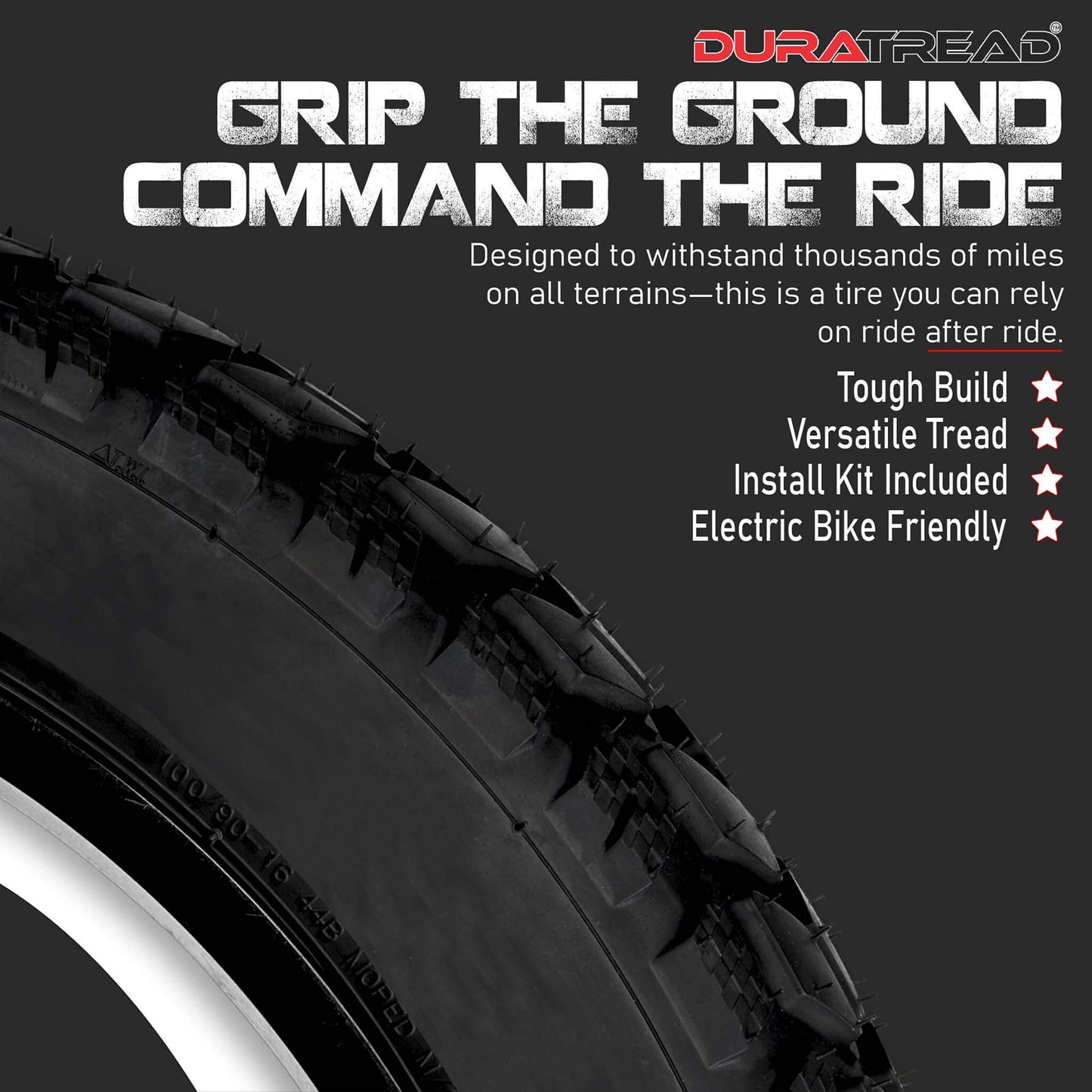 DURATREAD 20x3 deep-tread fat bike tire for all-terrain traction on snow, sand, trail, and city riding, long-lasting performance.