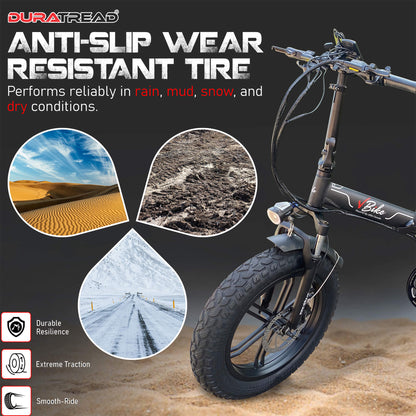 Rider using DURATREAD 20x3 fat bike tire on snow, sand, and trail, showing all-terrain grip, durability, and comfort for e-bikes.