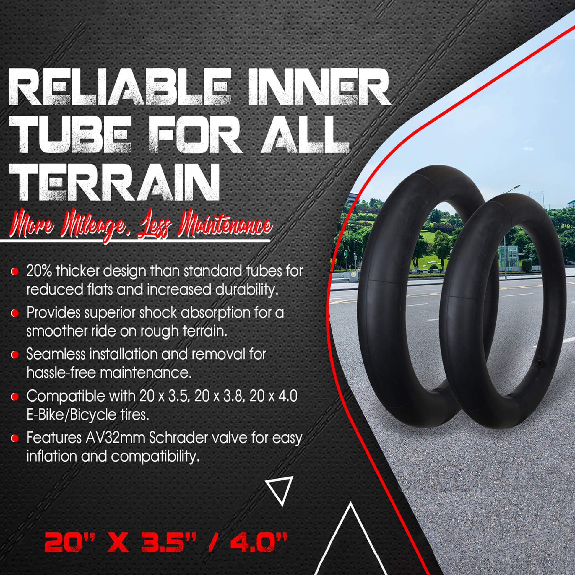 DURATREAD 20x3.5/4.0 bicycle inner tube, thick butyl rubber construction and Schrader valve for smooth, comfortable rides