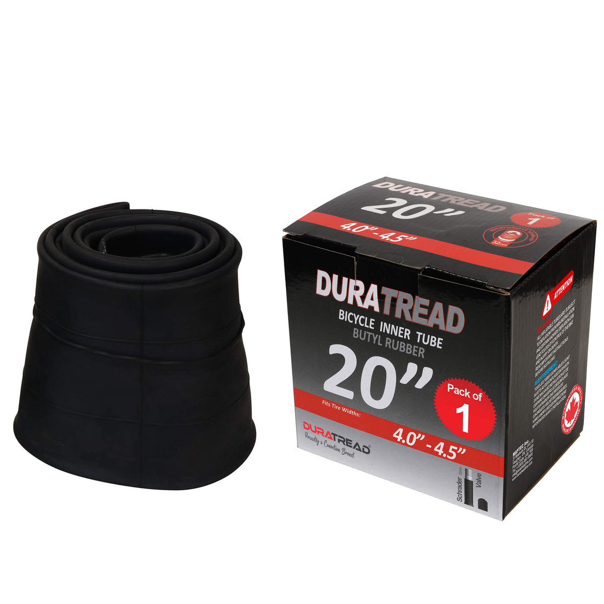 DURATREAD 20x4/4.5 heavy-duty butyl rubber inner tube with Schrader valve, durable replacement tube for bikes and e-bikes, Pack 1