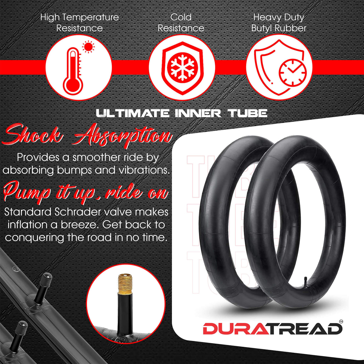 Reliable DURATREAD 20x4/4.5 replacement inner tube, strong butyl rubber and Schrader valve for everyday bike and e-bike use