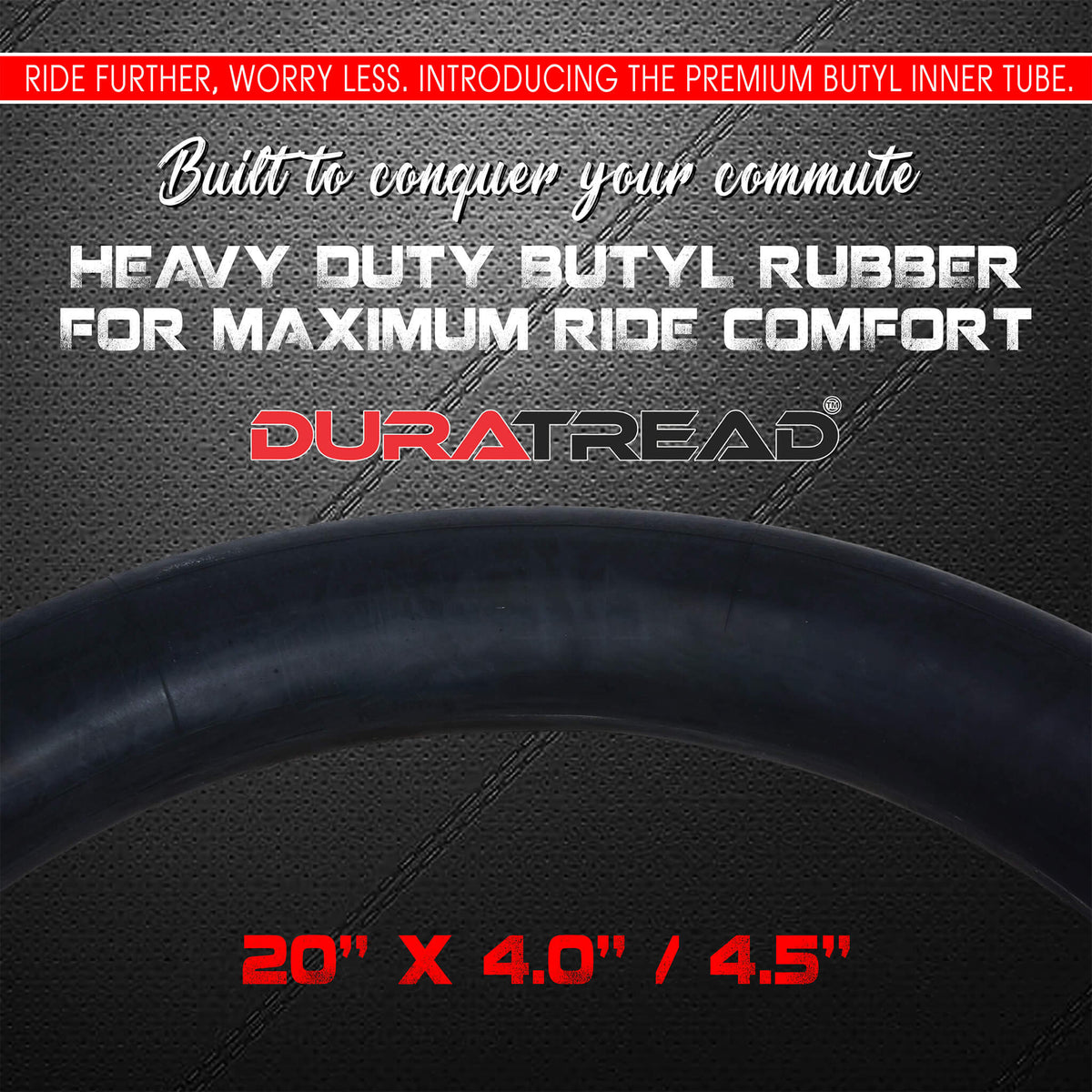 DURATREAD 20x4/4.5 bicycle inner tube, thick butyl rubber construction and Schrader valve for smooth, comfortable rides