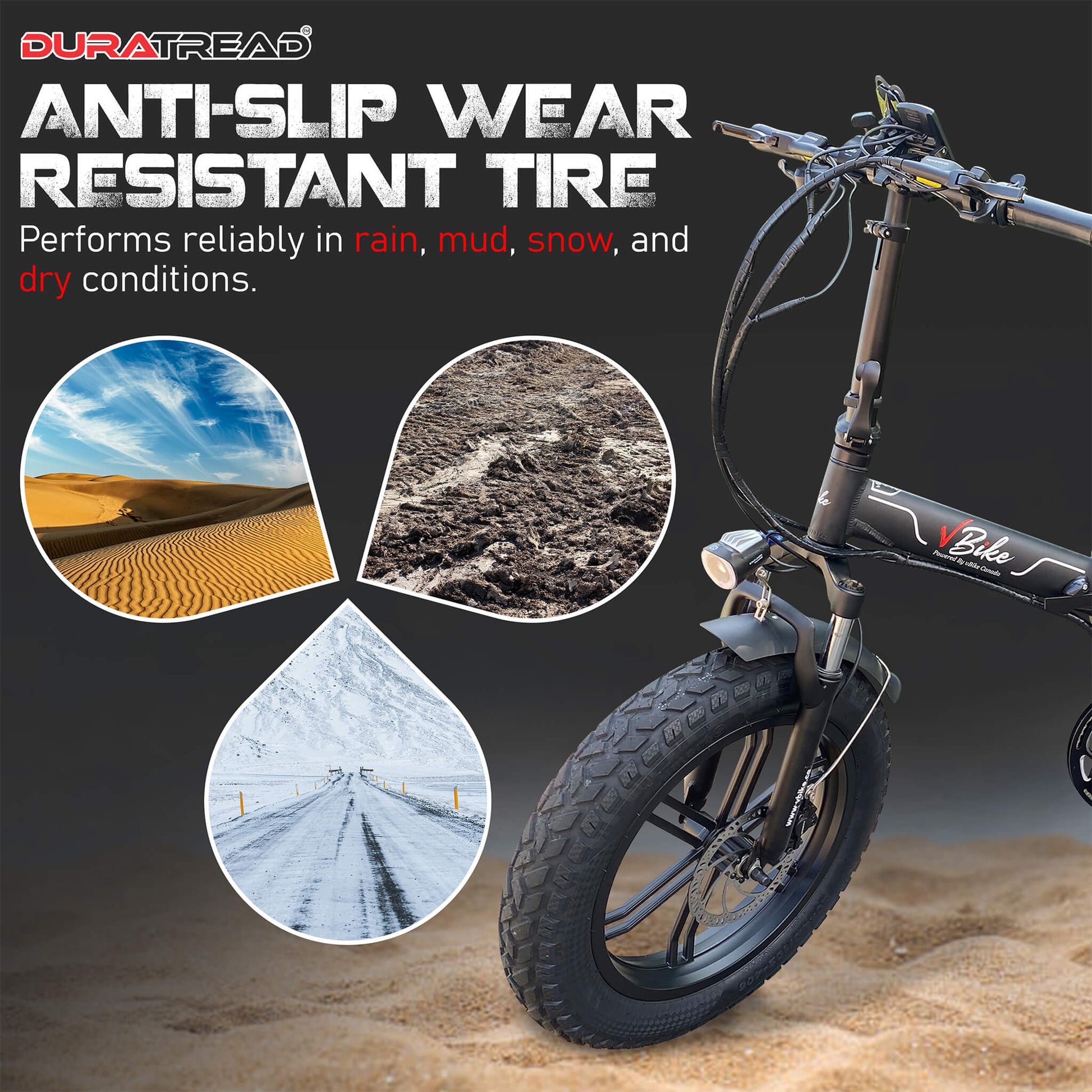 Rider using DURATREAD 20x4 fat bike tire on snow, sand, and trail, showing all-terrain grip, durability, and comfort for e-bikes.