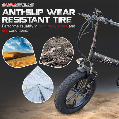 Rider using DURATREAD 20x4 fat bike tire on snow, sand, and trail, showing all-terrain grip, durability, and comfort for e-bikes.