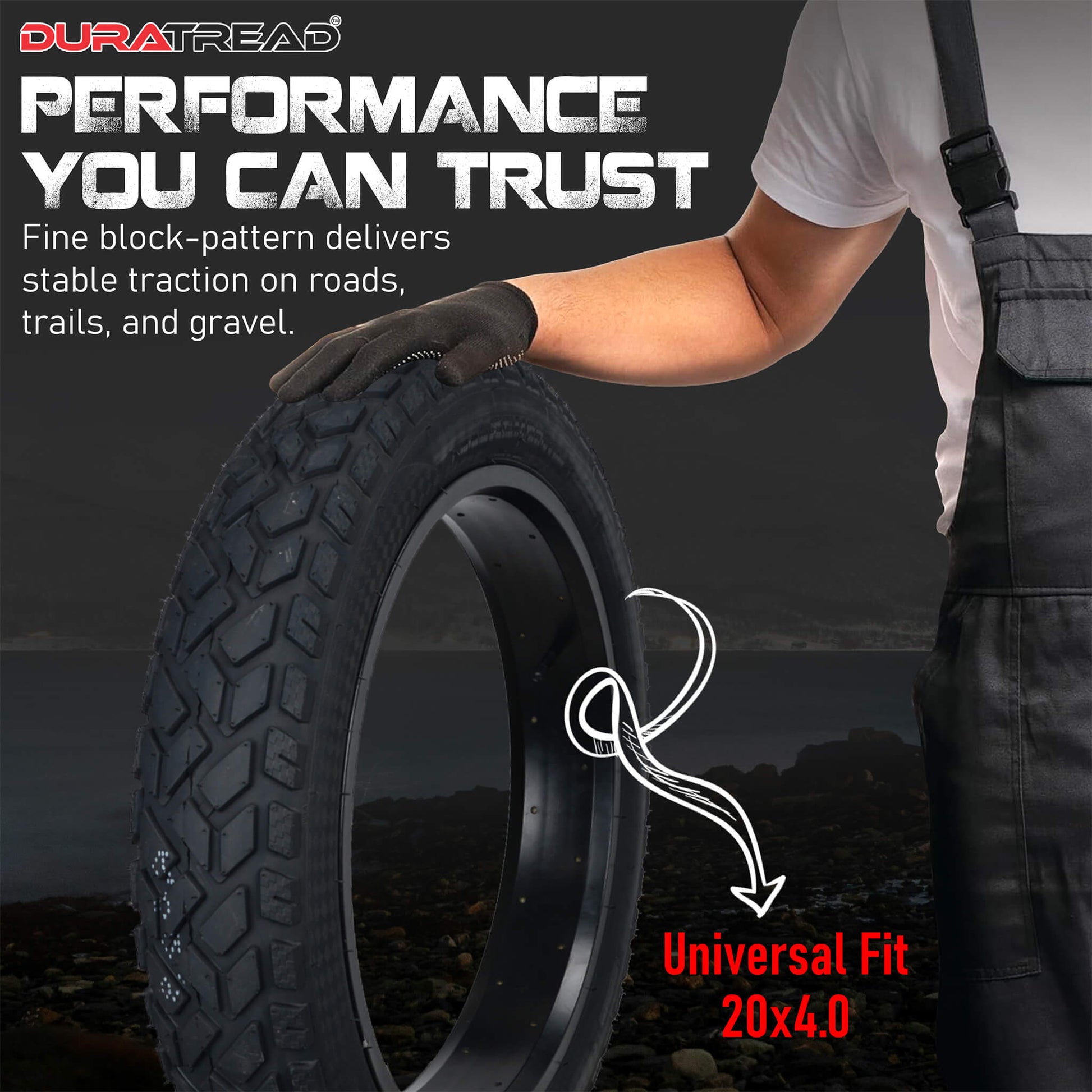 DURATREAD 20x4 all-terrain fat bike tire, heavy-duty, long-lasting, no-puncture design for off-road and city rides for electric bikes.