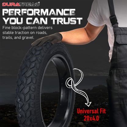 DURATREAD 20x4 all-terrain fat bike tire, heavy-duty, long-lasting, no-puncture design for off-road and city rides for electric bikes.
