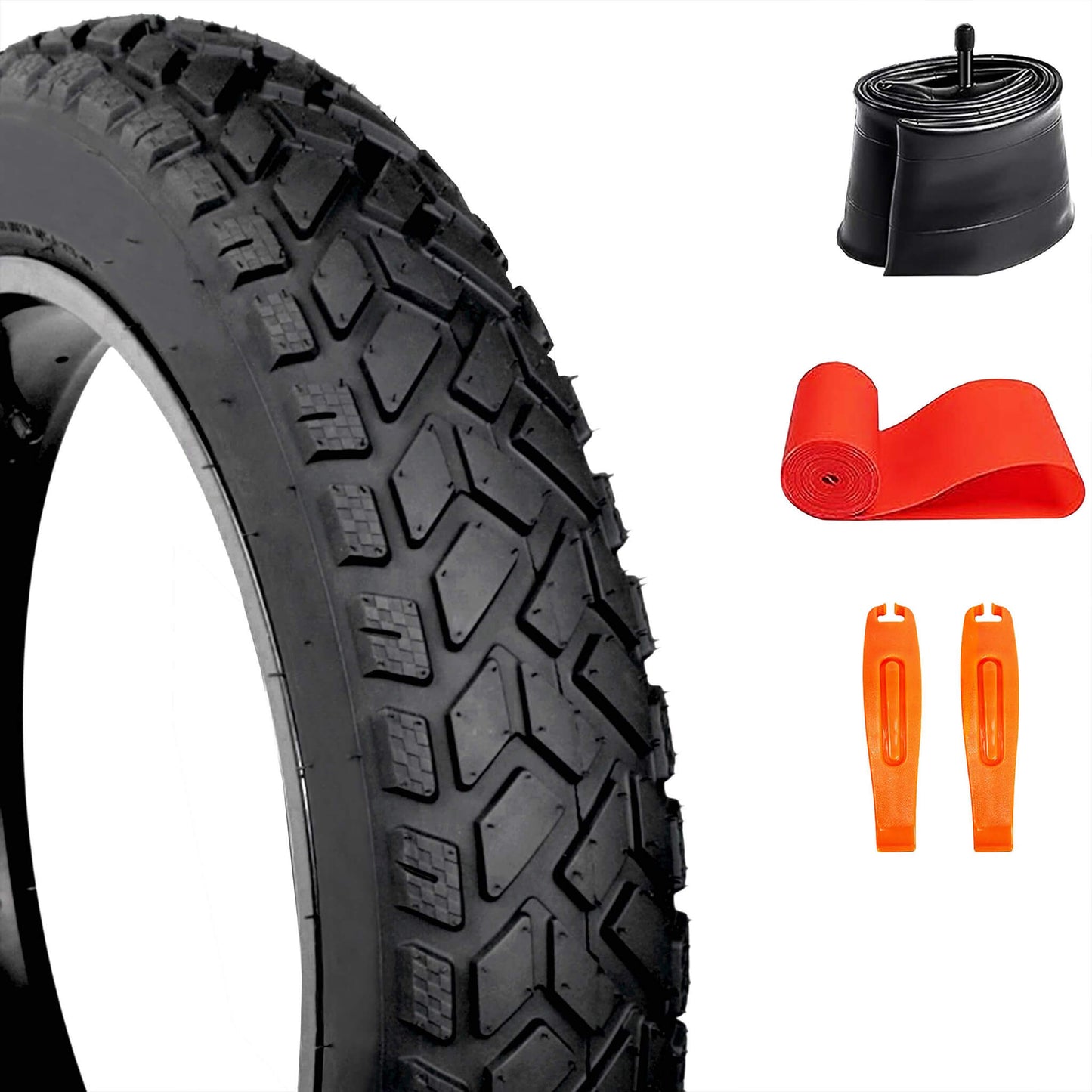 DURATREAD 20x4 long lasting  puncture-resistant fat bike tire kit for e-bikes, with Schrader valve inner tubes, levers, and rim strips.