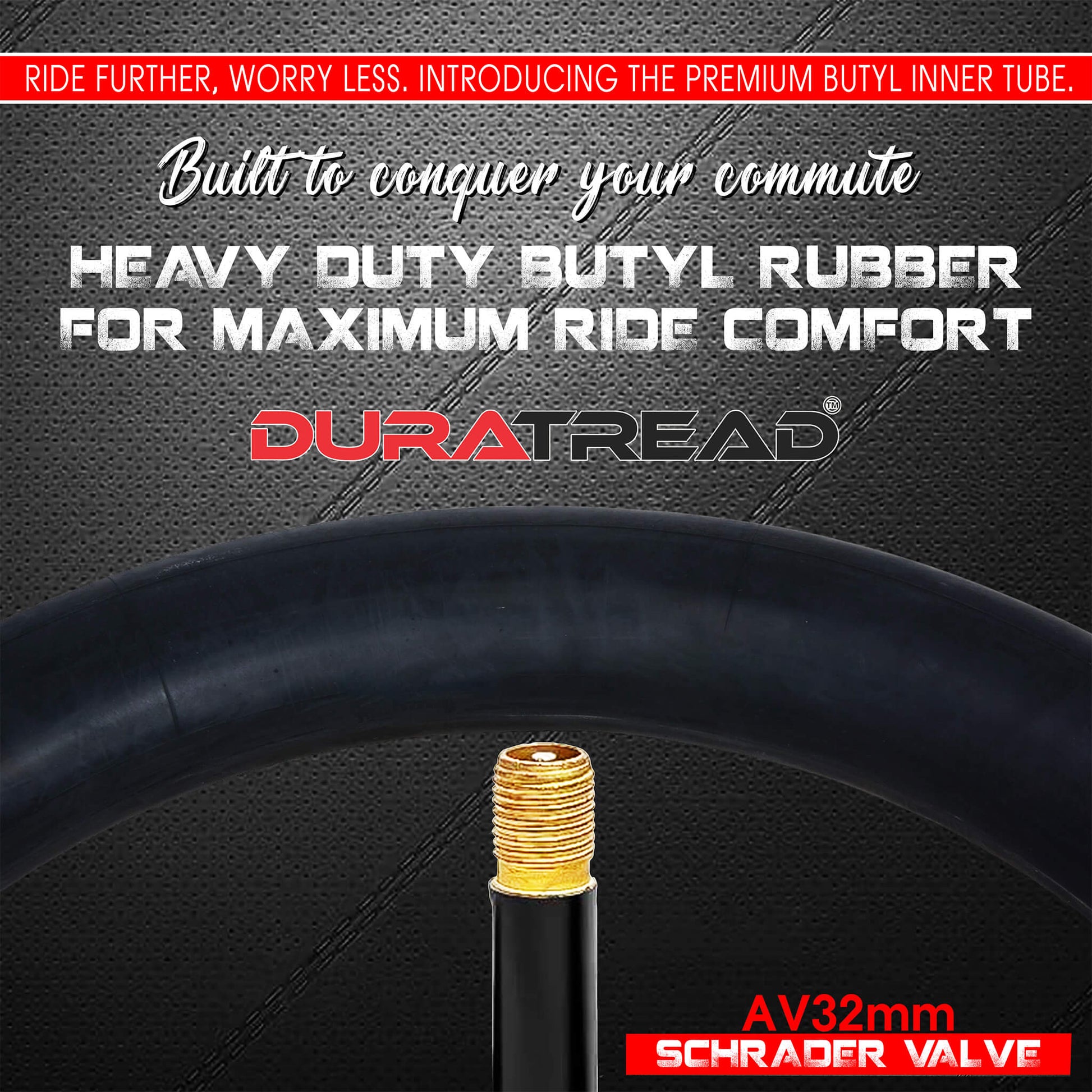 DURATREAD 20x4 Schrader valve inner tubes for fat bikes and e-bikes, heavy-duty butyl rubber and puncture-resistant material.