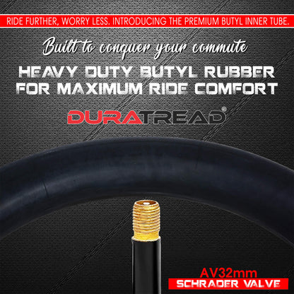 DURATREAD 20x4 Schrader valve inner tubes for fat bikes and e-bikes, heavy-duty butyl rubber and puncture-resistant material.