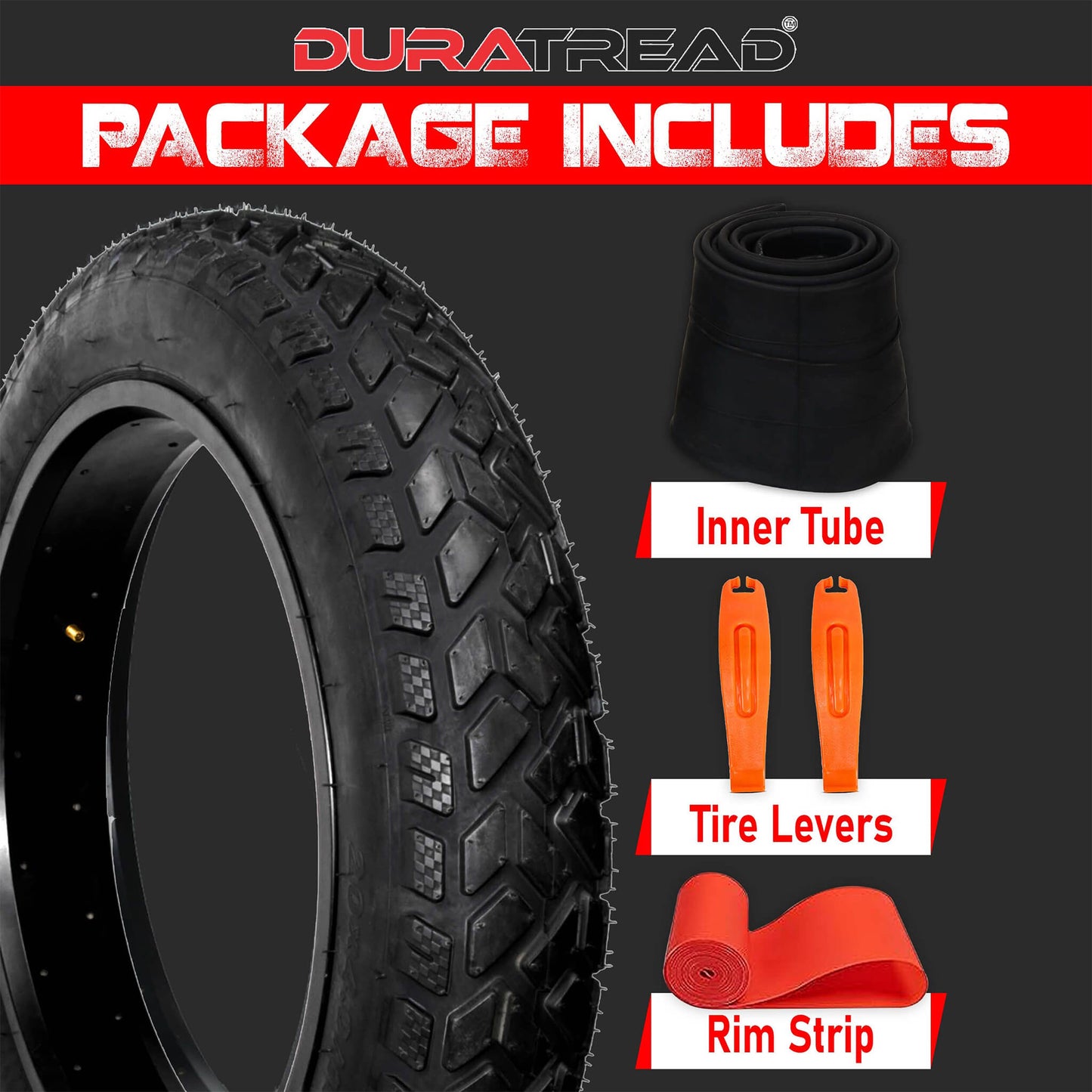 DURATREAD 20x4, package of 1,tire,inner tube,  levers and rim strip for rim protection and  easy e-bike tire installation , durable and reusable tools.