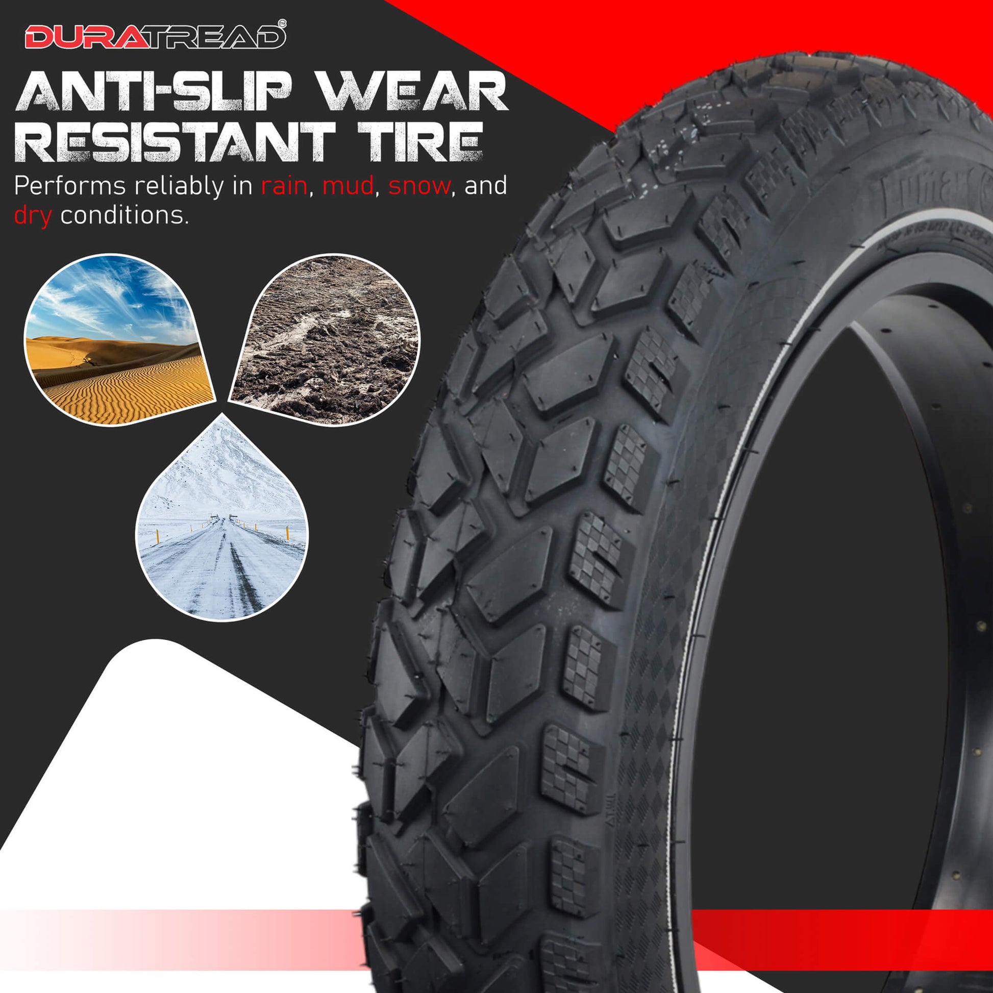 Rider using DURATREAD 20x4 fat bike tire on snow, sand, and trail, showing all-terrain grip, durability, and comfort for e-bikes.