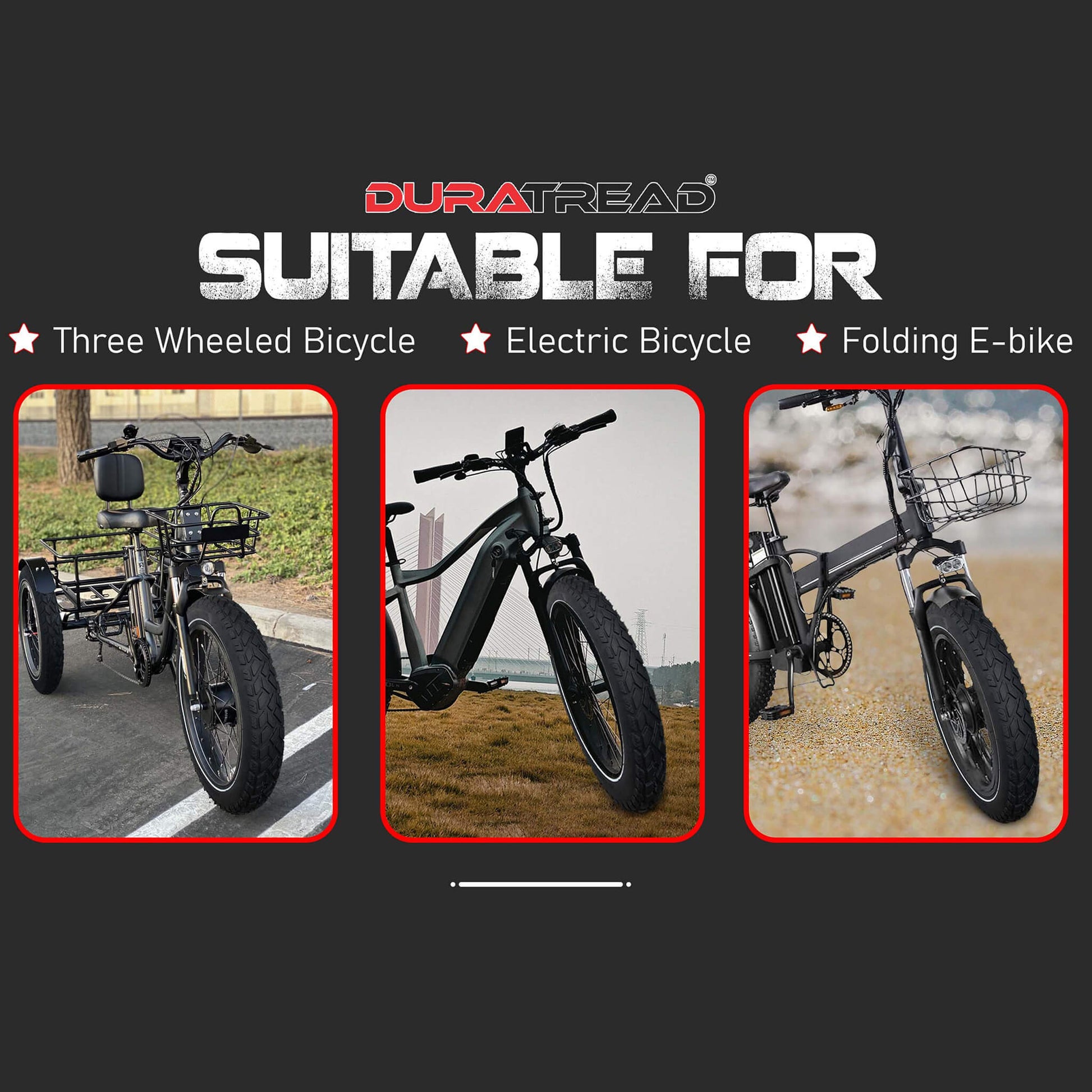 DURATREAD 20x4 fat tire installed on electric bike for city and trail rides, installed on electric bike three wheeled bike and folding ebike .