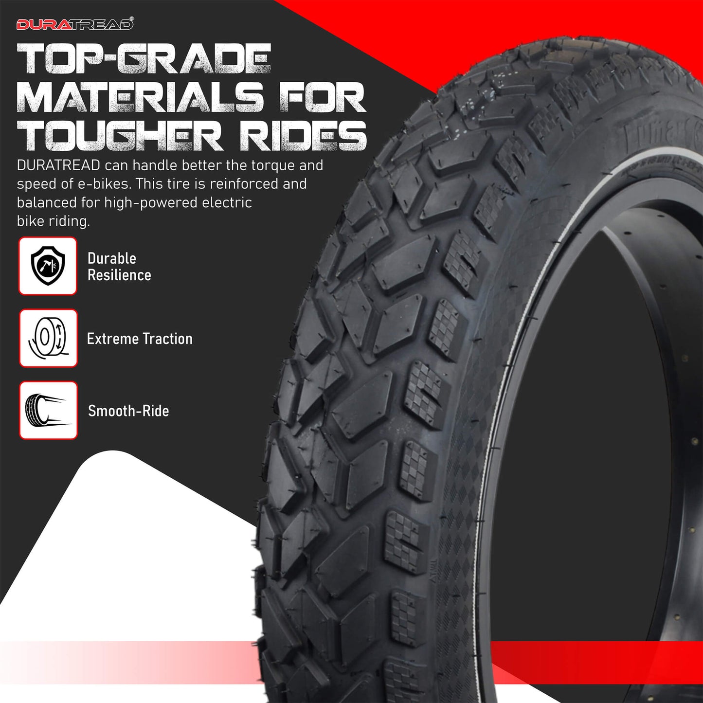 DURATREAD 20x4 reflective fat bike tire for night safety and visibility, heavy-duty and puncture-resistant for electric bikes.