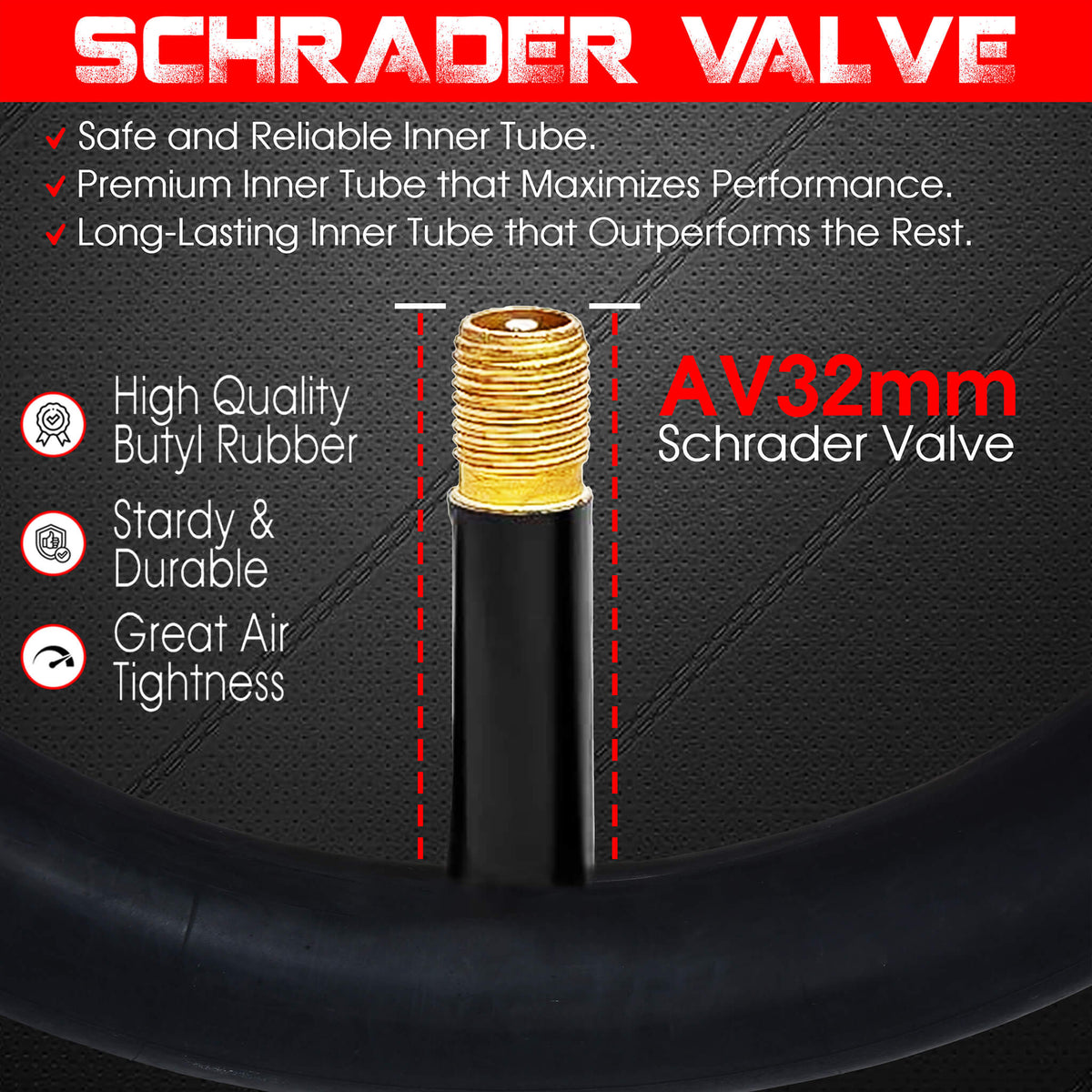 DURATREAD 20x4 Schrader valve inner tubes for fat bikes and e-bikes, heavy-duty butyl rubber and puncture-resistant material.