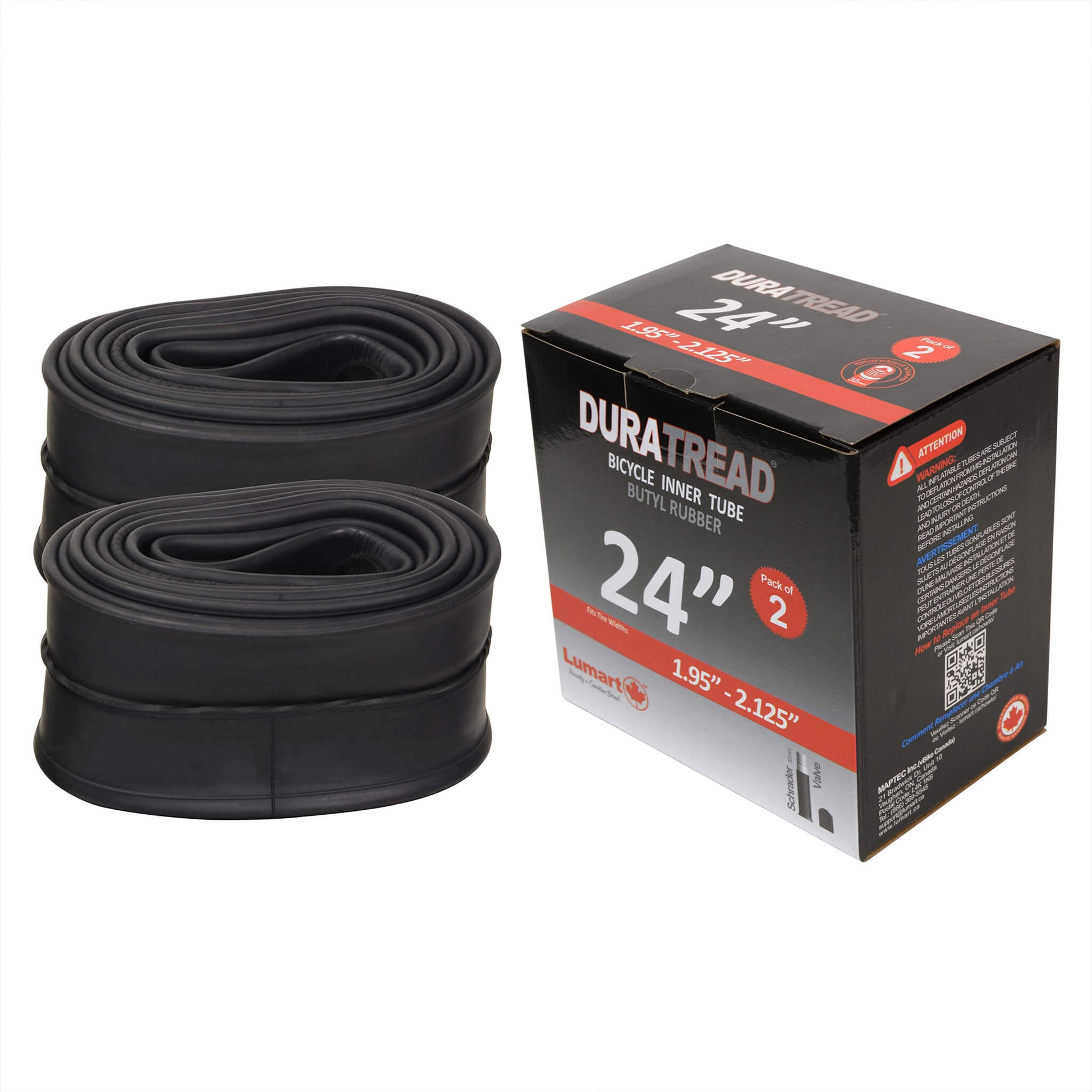 Reliable DURATREAD 24x1.95/2.125 replacement inner tube, strong butyl rubber and Schrader valve for bikse and e-bike use, Pack 2