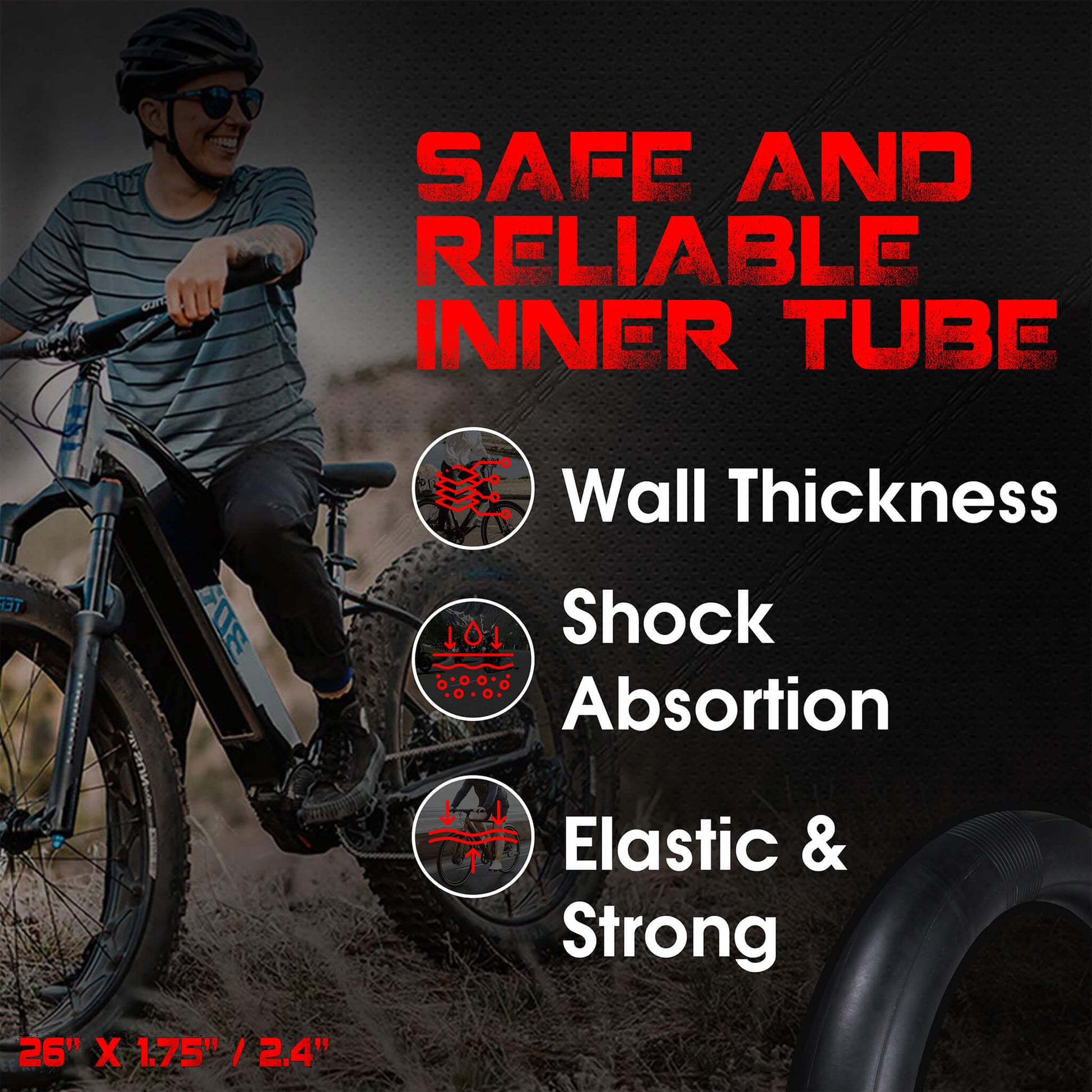 Reliable DURATREAD 26x1.75/2.40 replacement inner tube, strong butyl rubber and Schrader valve for safe everyday bike and e-bike use