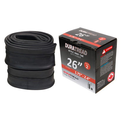 DURATREAD 26x1.75/2.40 heavy-duty butyl rubber inner tube with Schrader valve, durable replacement tube for bikes and e-bikes