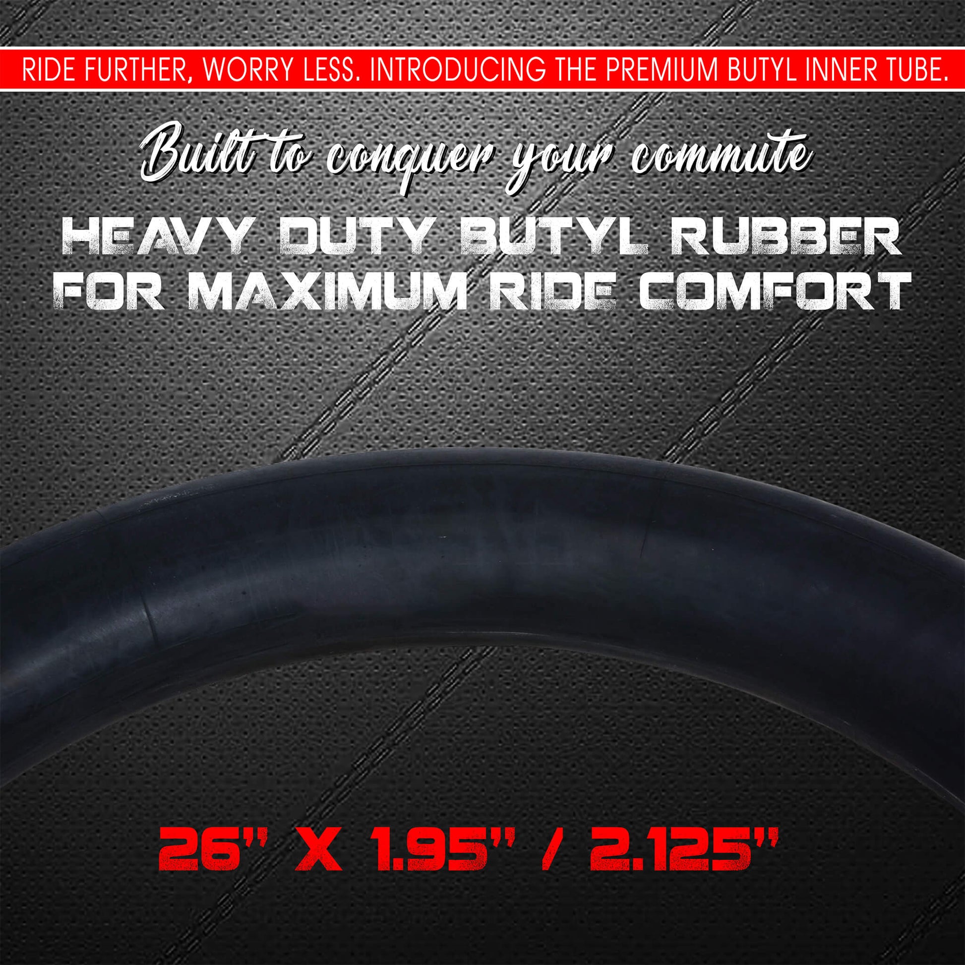 DURATREAD 26x1.95/2.125 bicycle inner tube, thick butyl rubber construction and Schrader valve for smooth, comfortable rides
