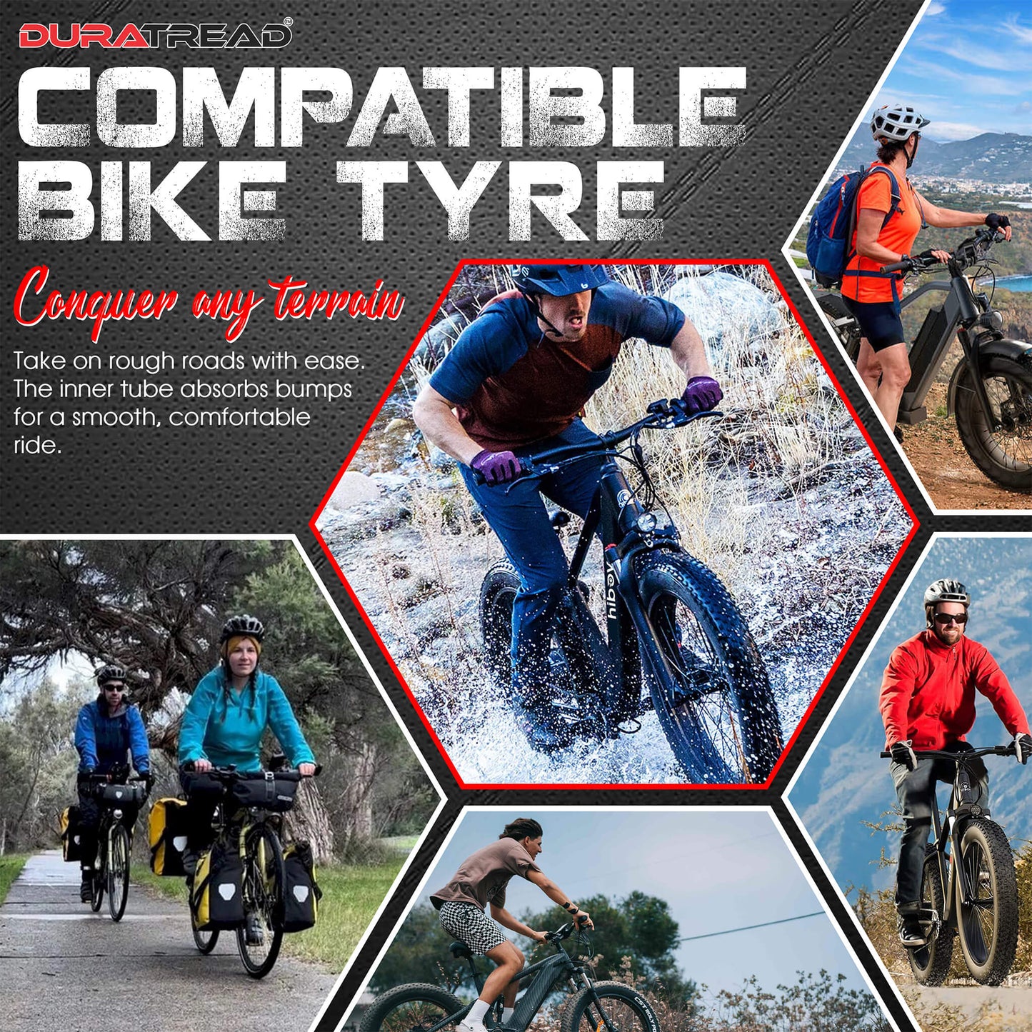 Heavy-duty DURATREAD 26x1.95/2.125 inner tube, excellent puncture protection and durability for city, trail, and commuter bikes and -ebikes