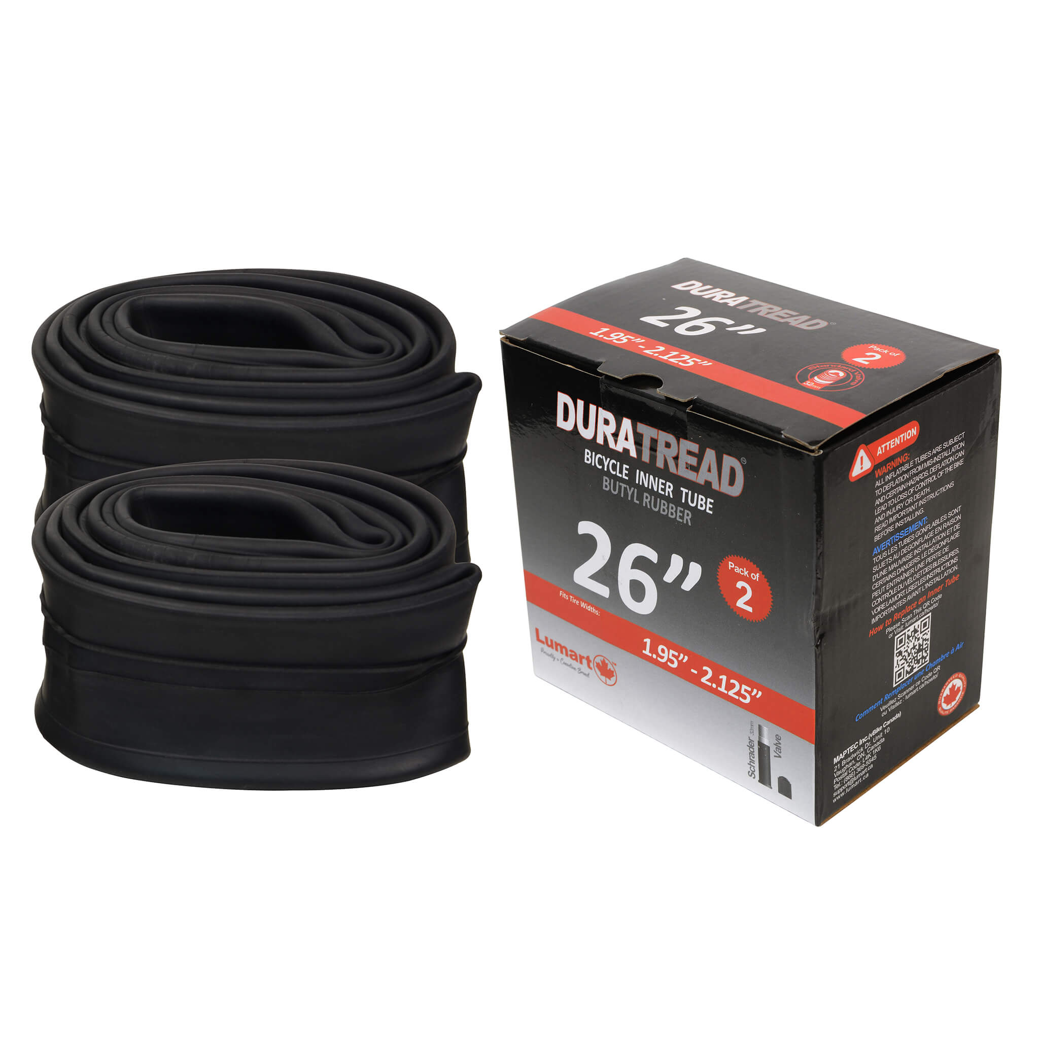 DURATREAD 26x1.95/2.125 heavy-duty butyl rubber inner tube with Schrader valve, durable replacement tube for bikes and e-bikes