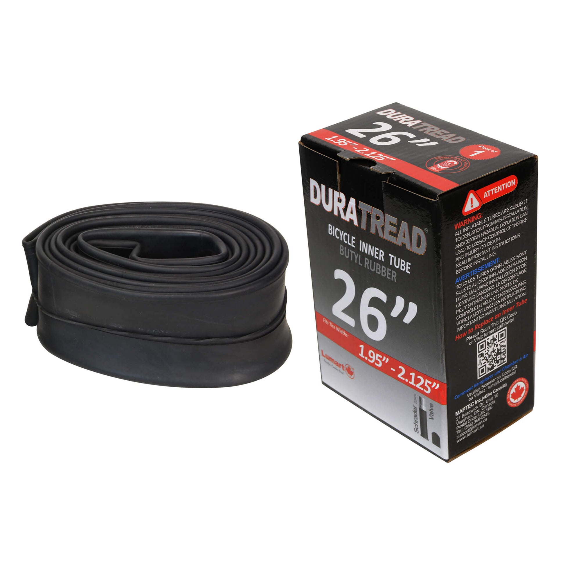 DURATREAD 26x1.95/2.125 heavy-duty butyl rubber inner tube with Schrader valve, durable replacement inner tube for bicycles and e-bikes