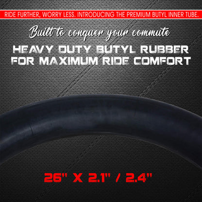 DURATREAD 26x2.1/2.4 bicycle inner tube, thick butyl rubber construction and Schrader valve for smooth, comfortable rides
