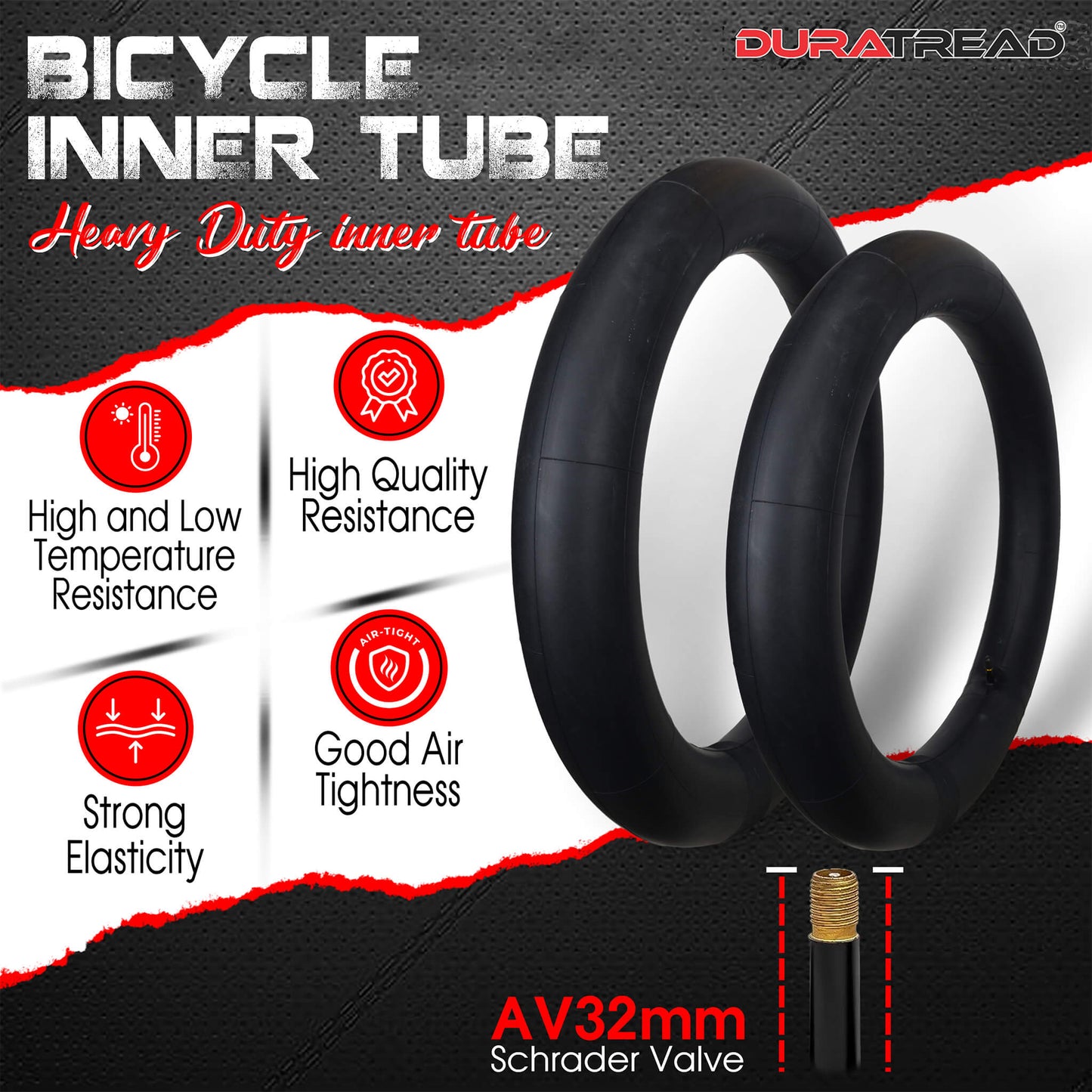 Durable DURATREAD 26x2.1/2.4 heavy duty butyl tube with Schrader valve, great air tightness, ideal for commuting, fitness, and electric bicycles and bikes