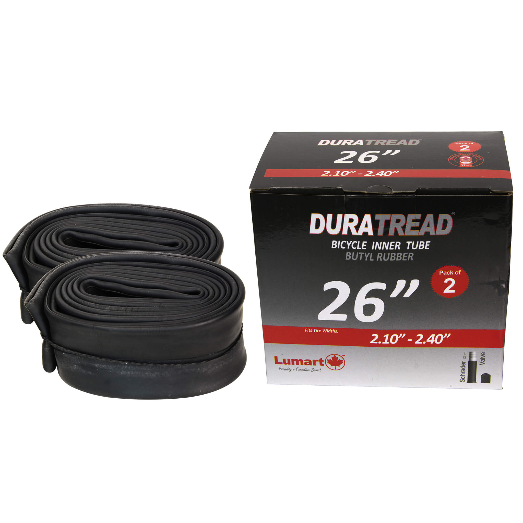 DURATREAD 26x2.1/2.4 heavy-duty butyl rubber inner tube with Schrader valve, durable replacement tube for bikes and e-bikes