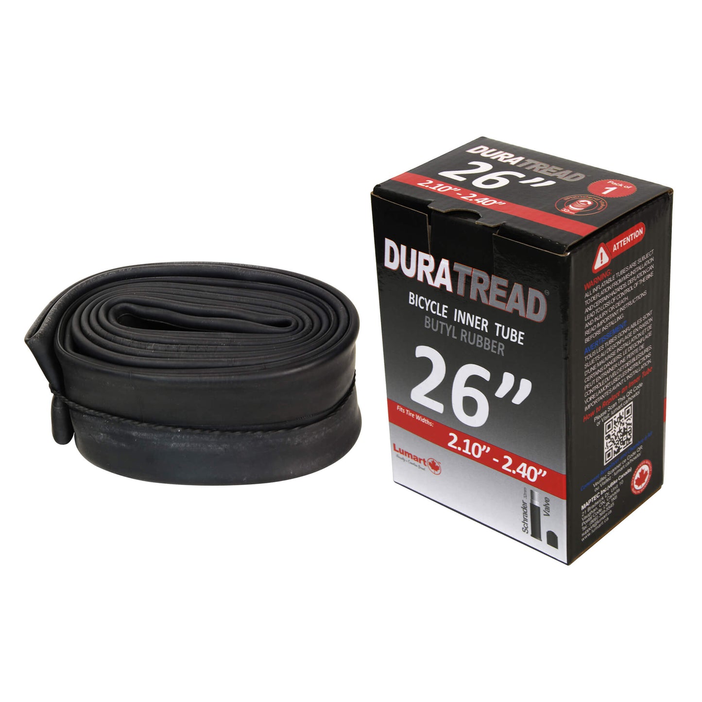 DURATREAD 26x2.1/2.4 heavy-duty butyl rubber inner tube with Schrader valve, durable replacement tube for bikes,MTB ,and e-bikes