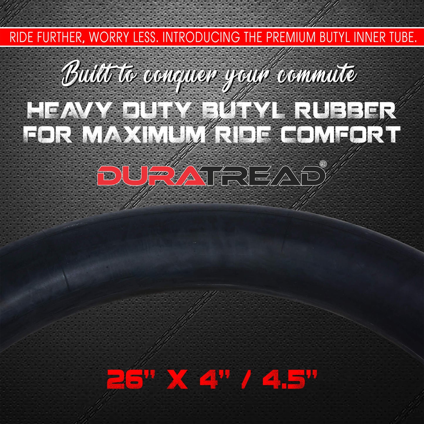 Durable DURATREAD 26x4/4.5 butyl tube with Schrader valve, ideal for commuting, fitness, and electric bicycles