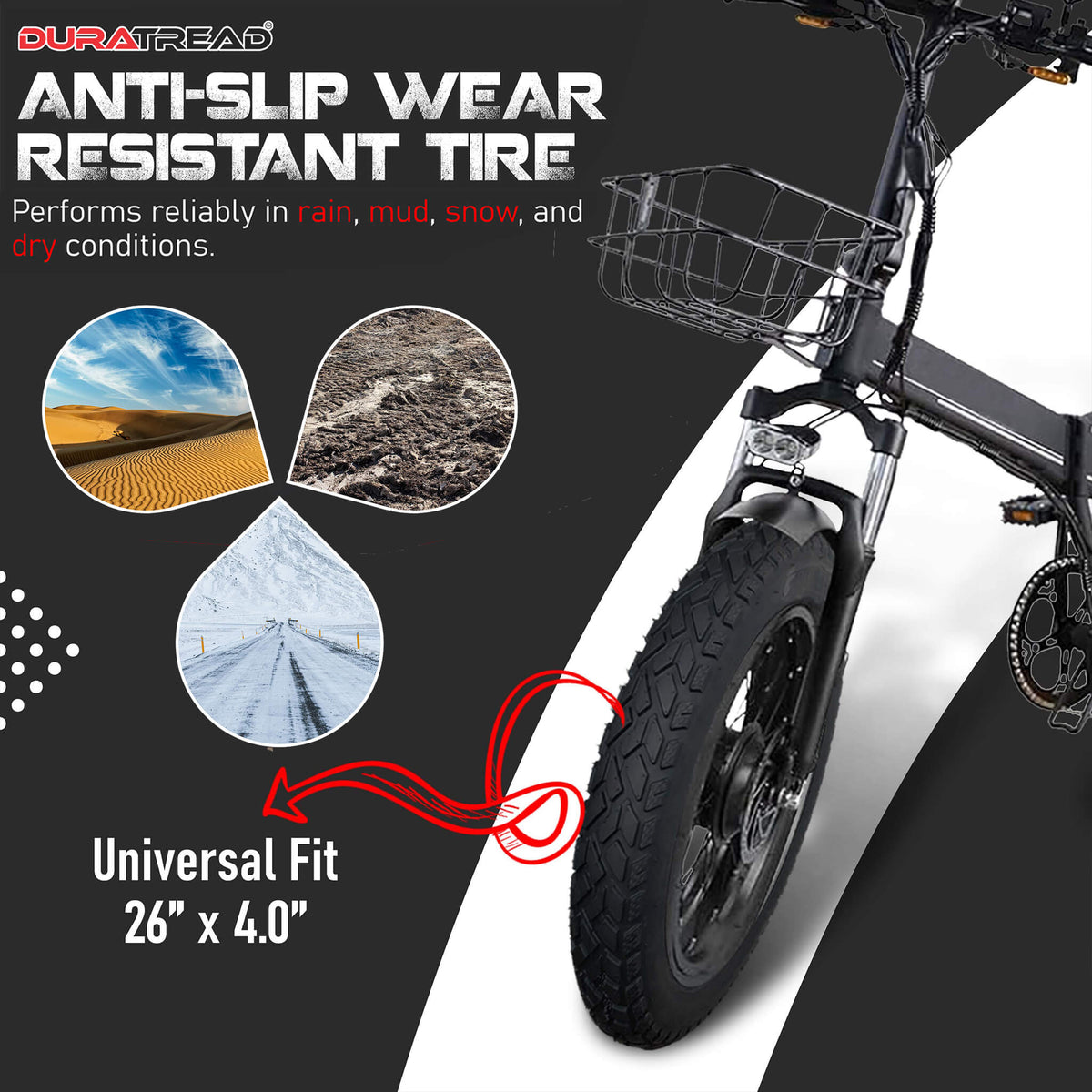 DURATREAD 26x4 fat bike tire performing on snow, sound and mud with strong winter traction and performance.