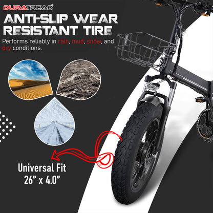 DURATREAD 26x4 fat bike tire performing on snow, sound and mud with strong winter traction and performance.