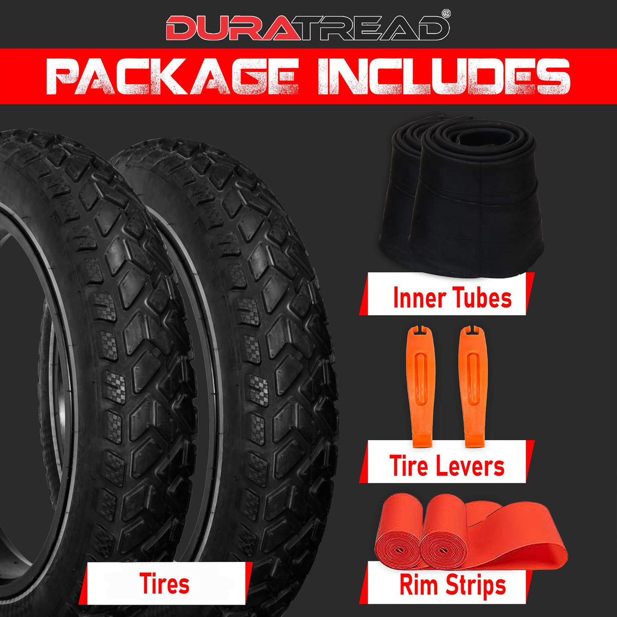 Pack of two DURATREAD 26x4 fat bike tires for off-road and long-distance riding with inner tubes , levers and rim strips.