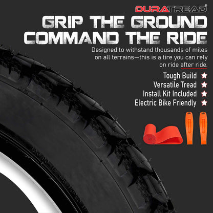 Deep tread DURATREAD 26x4 fat tire for snow, sand, trail, and gravel riding.