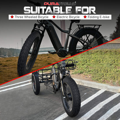 DURATREAD 26x4 fat tire installed on electric bike and etrike for three-wheeled, electric, and folding e-bike showing strong grip and stability.