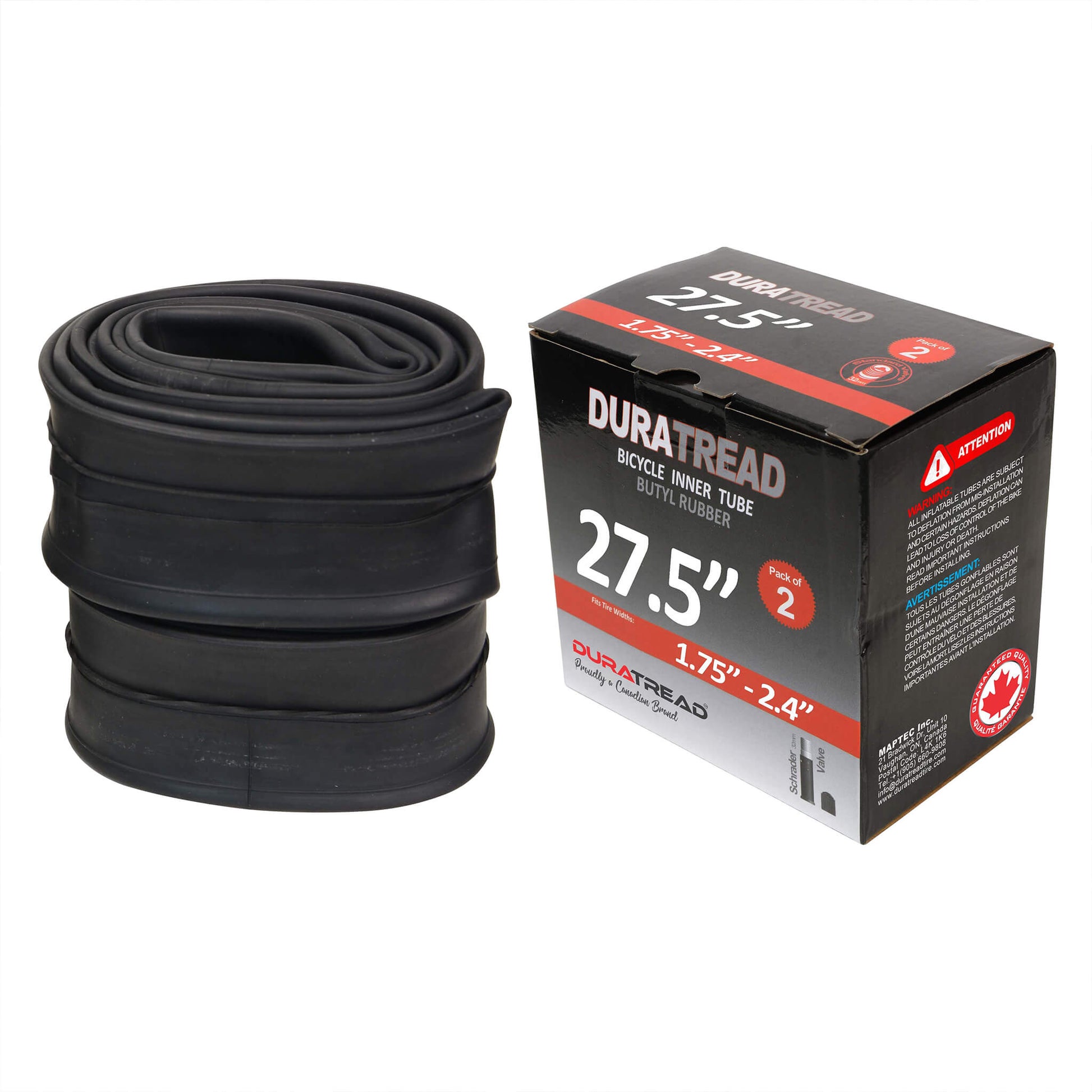 DURATREAD 27.5x1.75/2.40 heavy-duty butyl rubber inner tube with Schrader valve, durable replacement tube for bikes and e-bikes