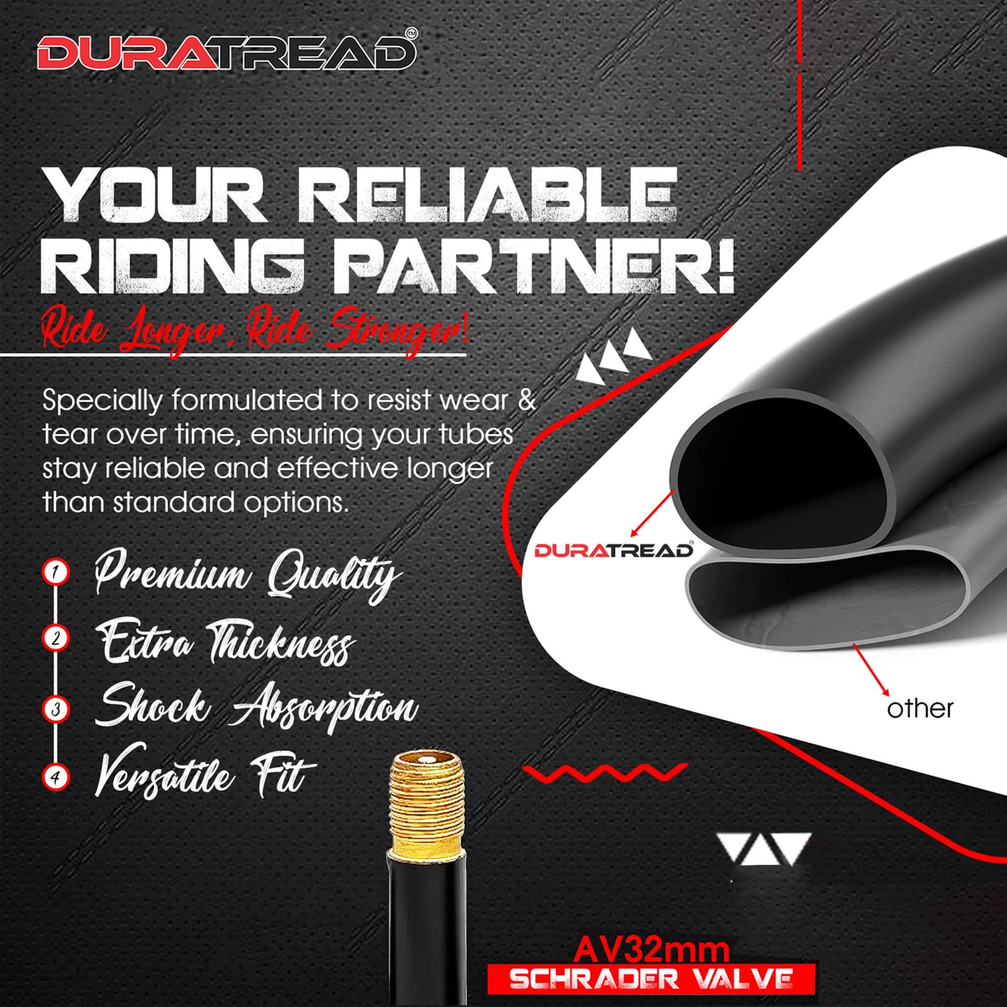 Premium DURATREAD 29x1.75/2.40 thick butyl rubber bike tube, puncture-resistant design with Schrader valve for reliable everyday riding